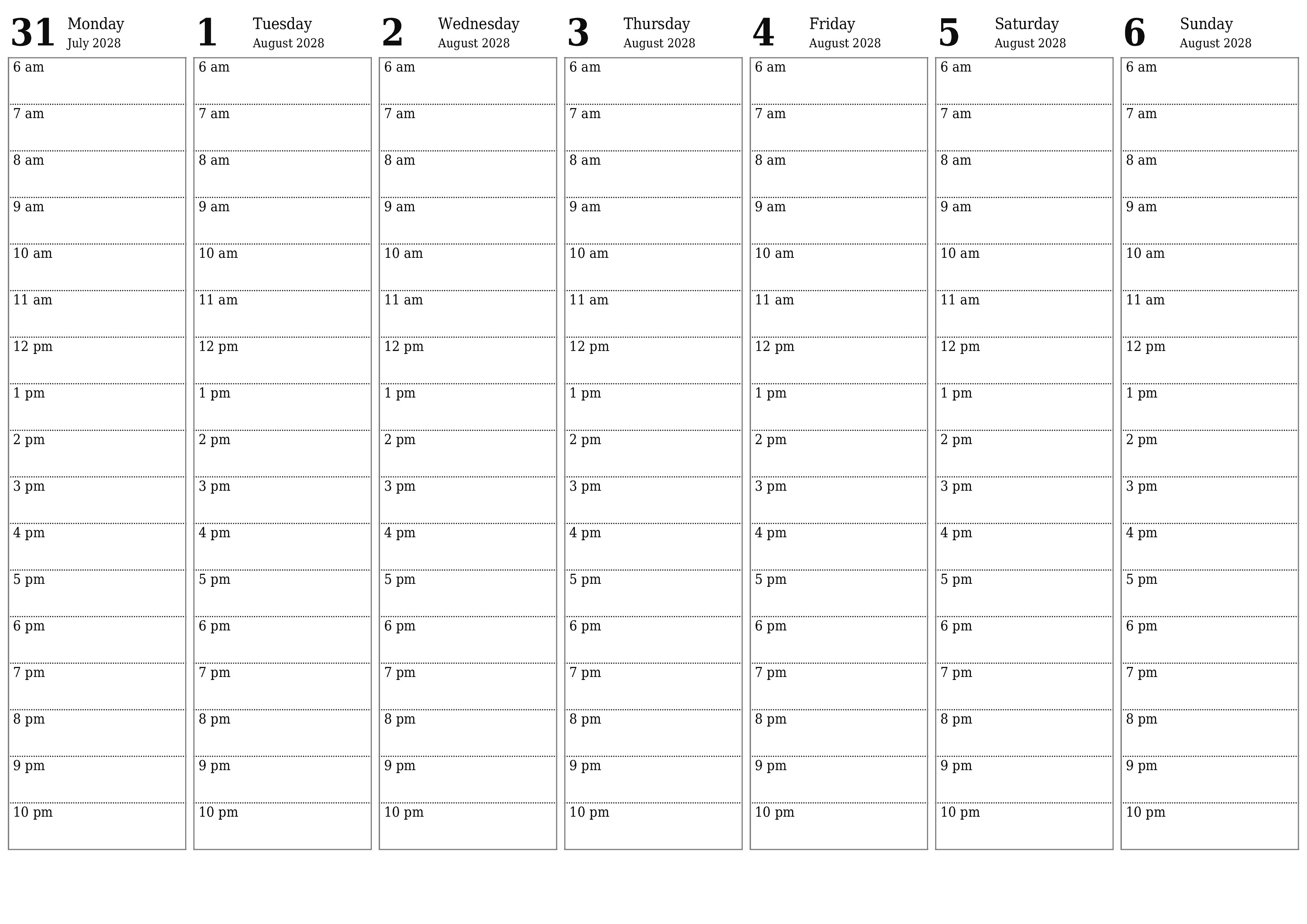 Blank calendar August 2028