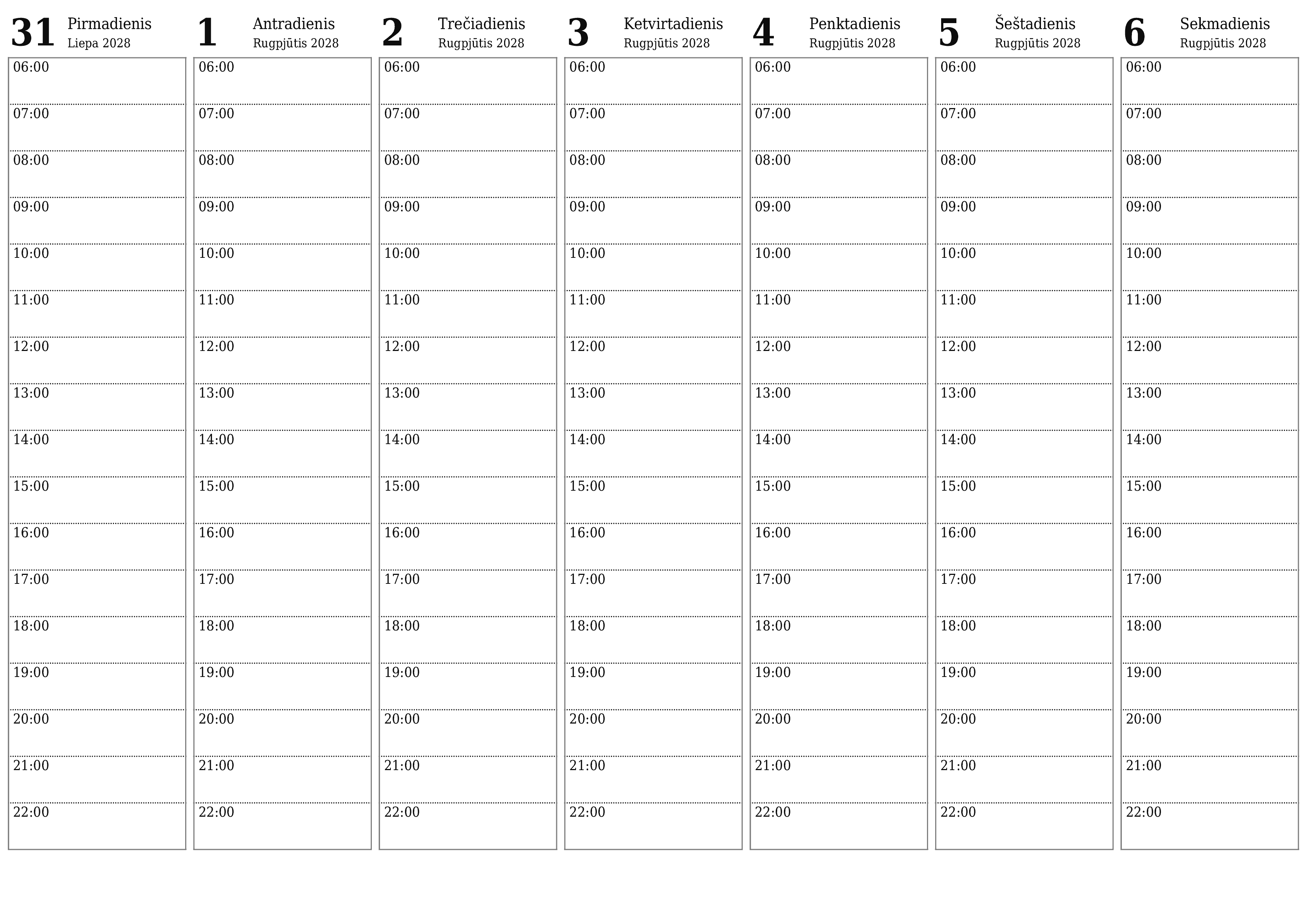 Ištuštinti savaitės planavimo priemonę savaitėms Rugpjūtis 2028 su užrašais, išsaugoti ir atsispausdinti PDF formate PNG Lithuanian