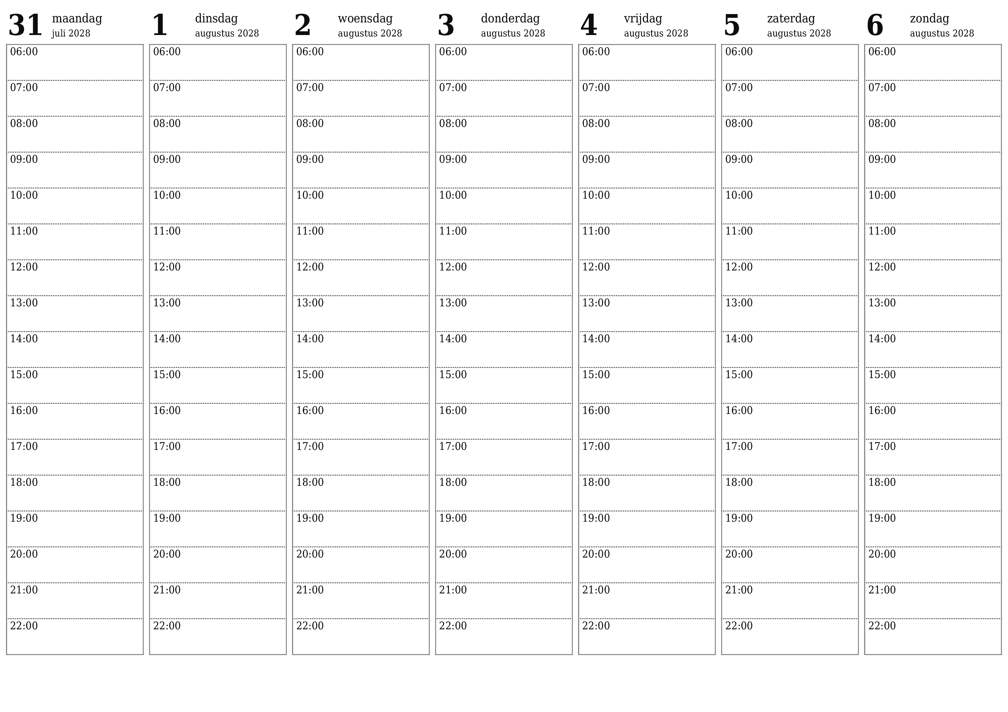 Lege weekplanner voor weken augustus 2028 met notities, opslaan en afdrukken naar pdf PNG Dutch