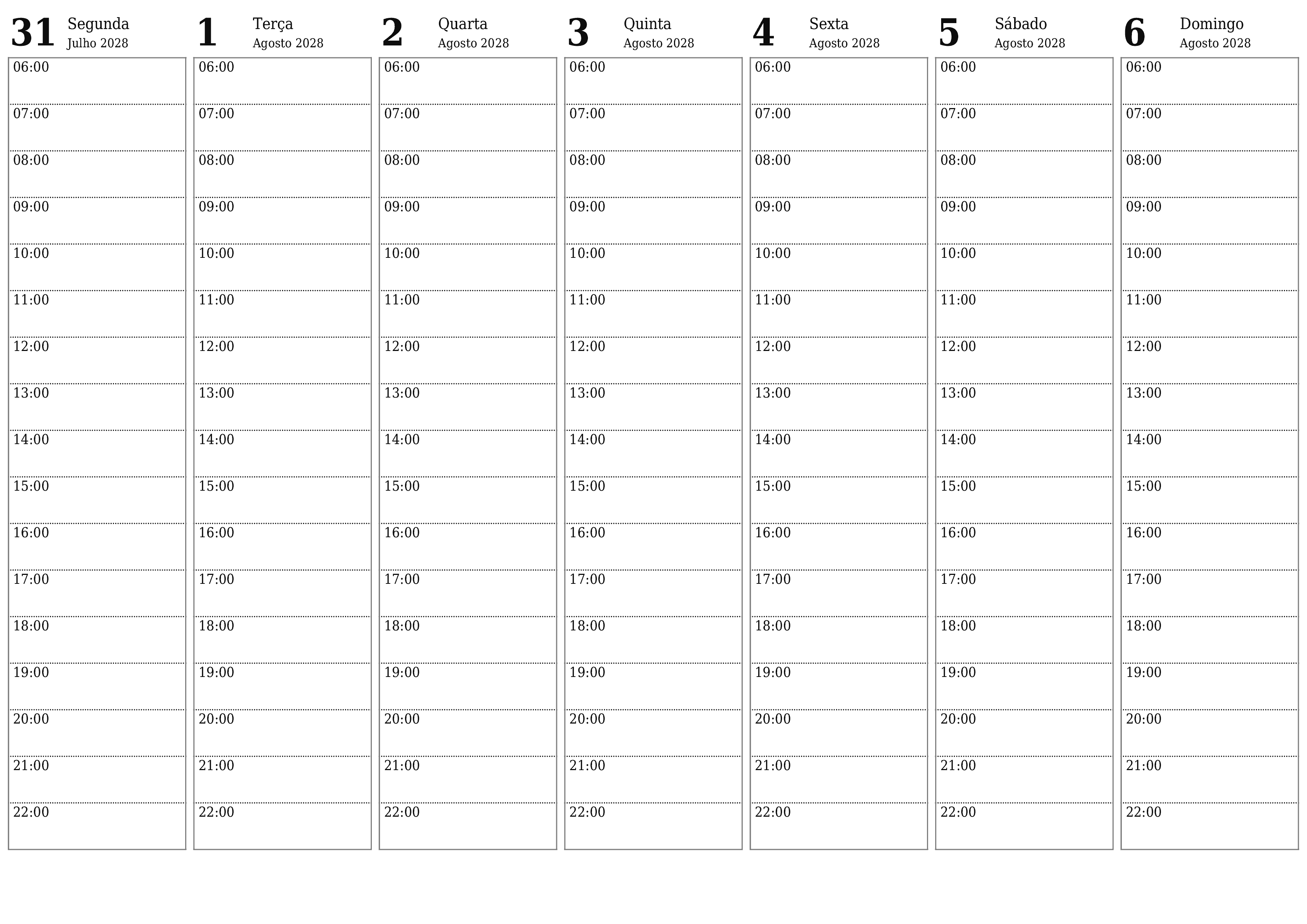 Esvazie o planejador semanal por semanas Agosto 2028 com notas, salve e imprima em PDF PNG Portuguese