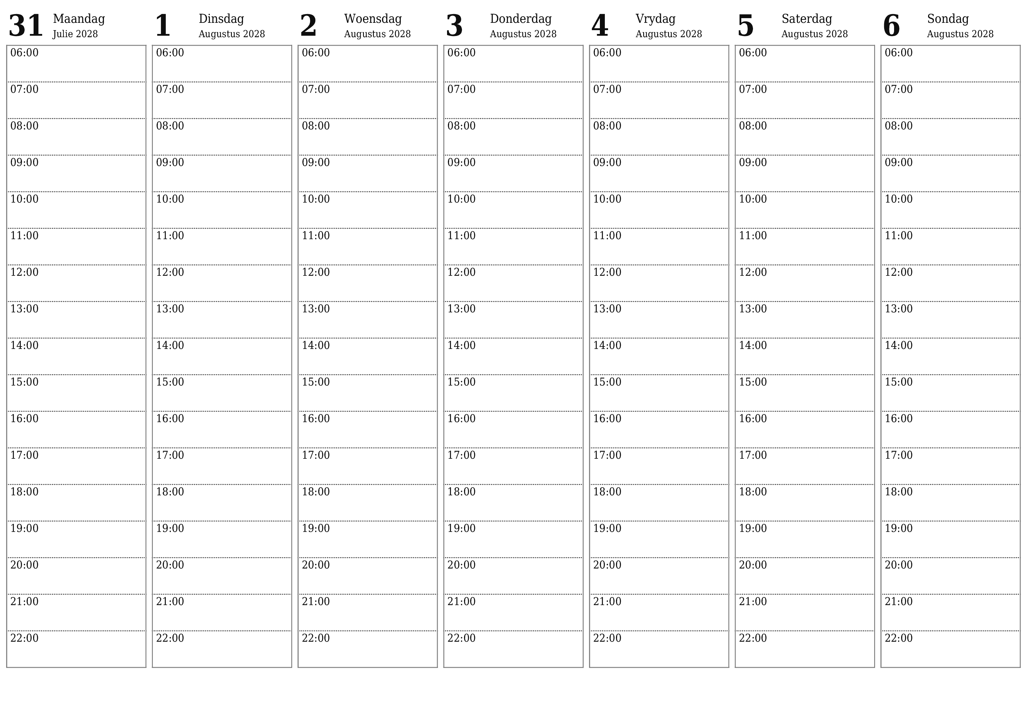 Leë weeklikse drukbare kalender en beplanner vir week Augustus 2028 met notas, stoor en druk na PDF PNG Afrikaans