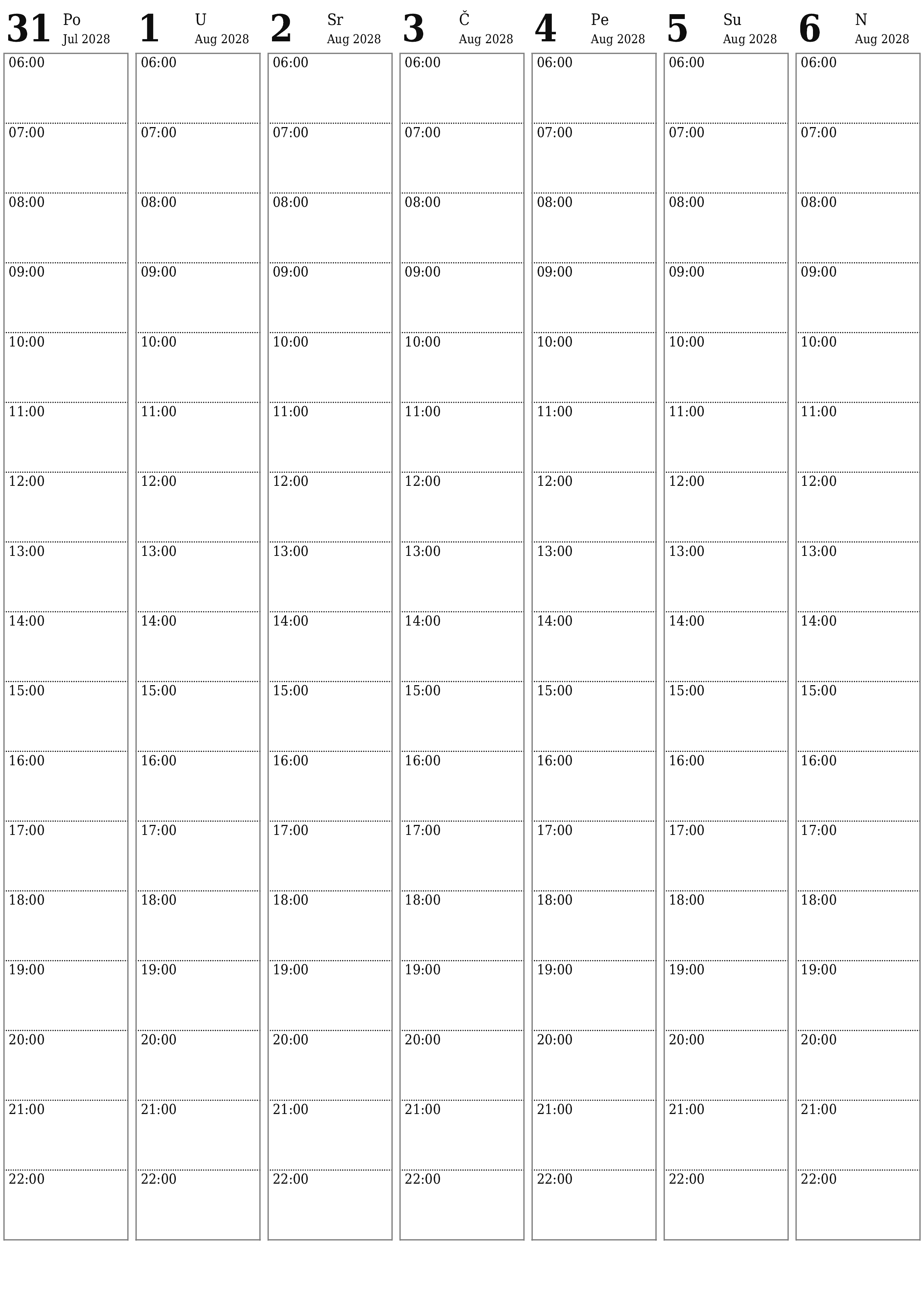 Ispraznite sedmični planer za sedmice August 2028 s bilješkama, spremite i ispišite u PDF PNG Bosnian