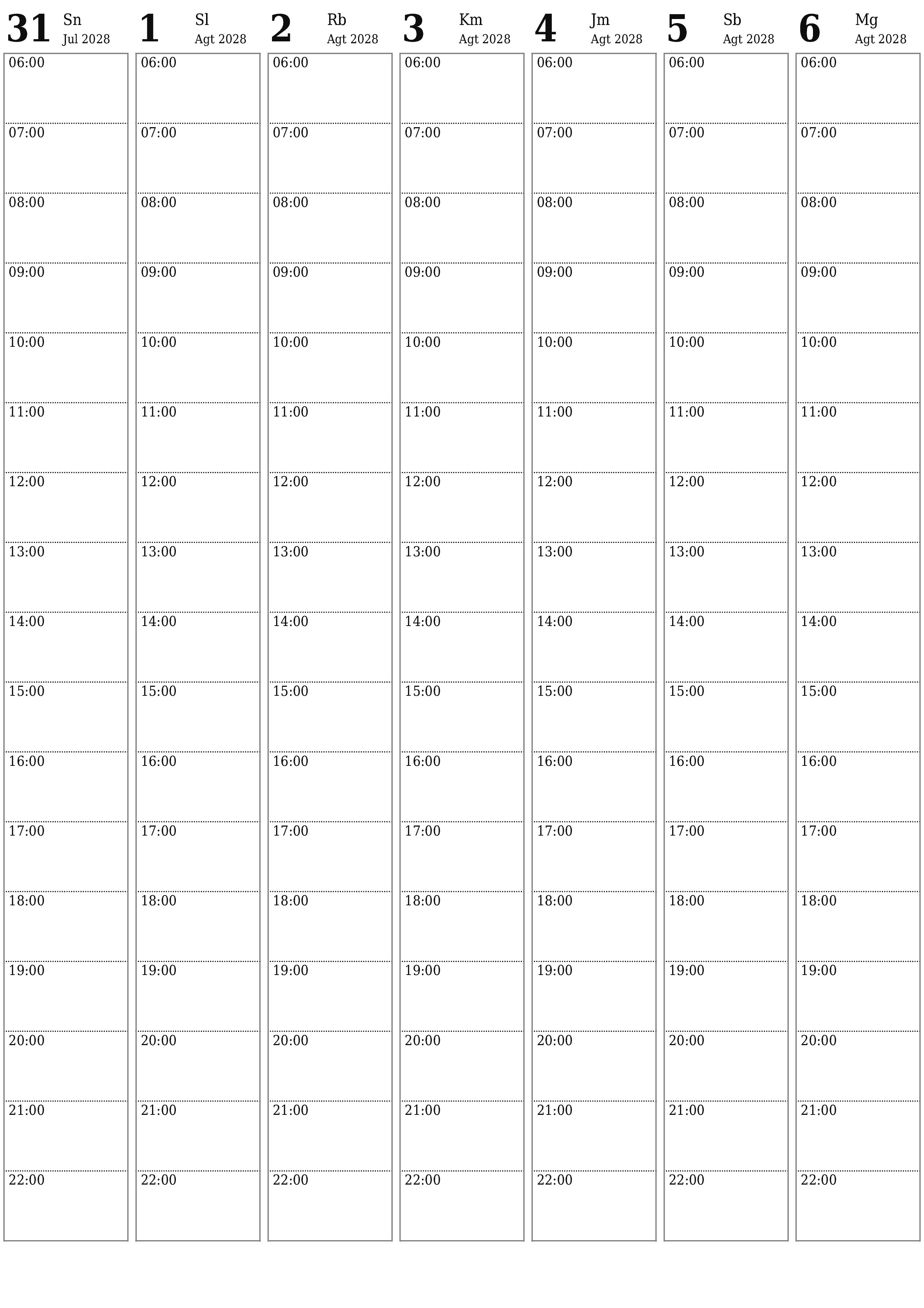 Kosongkan agenda mingguan untuk minggu Agustus 2028 dengan catatan, simpan dan cetak ke PDF PNG Indonesian