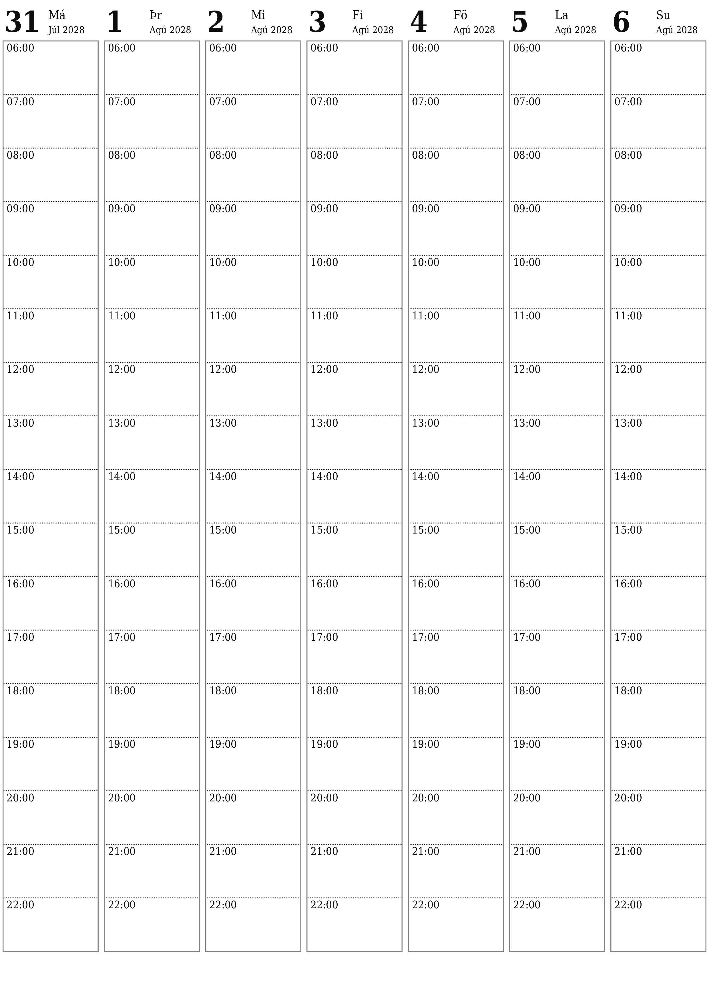 Tómur vikulegur skipuleggjandi vikum saman Ágúst 2028 með athugasemdum, vistaðu og prentaðu á PDF PNG Icelandic