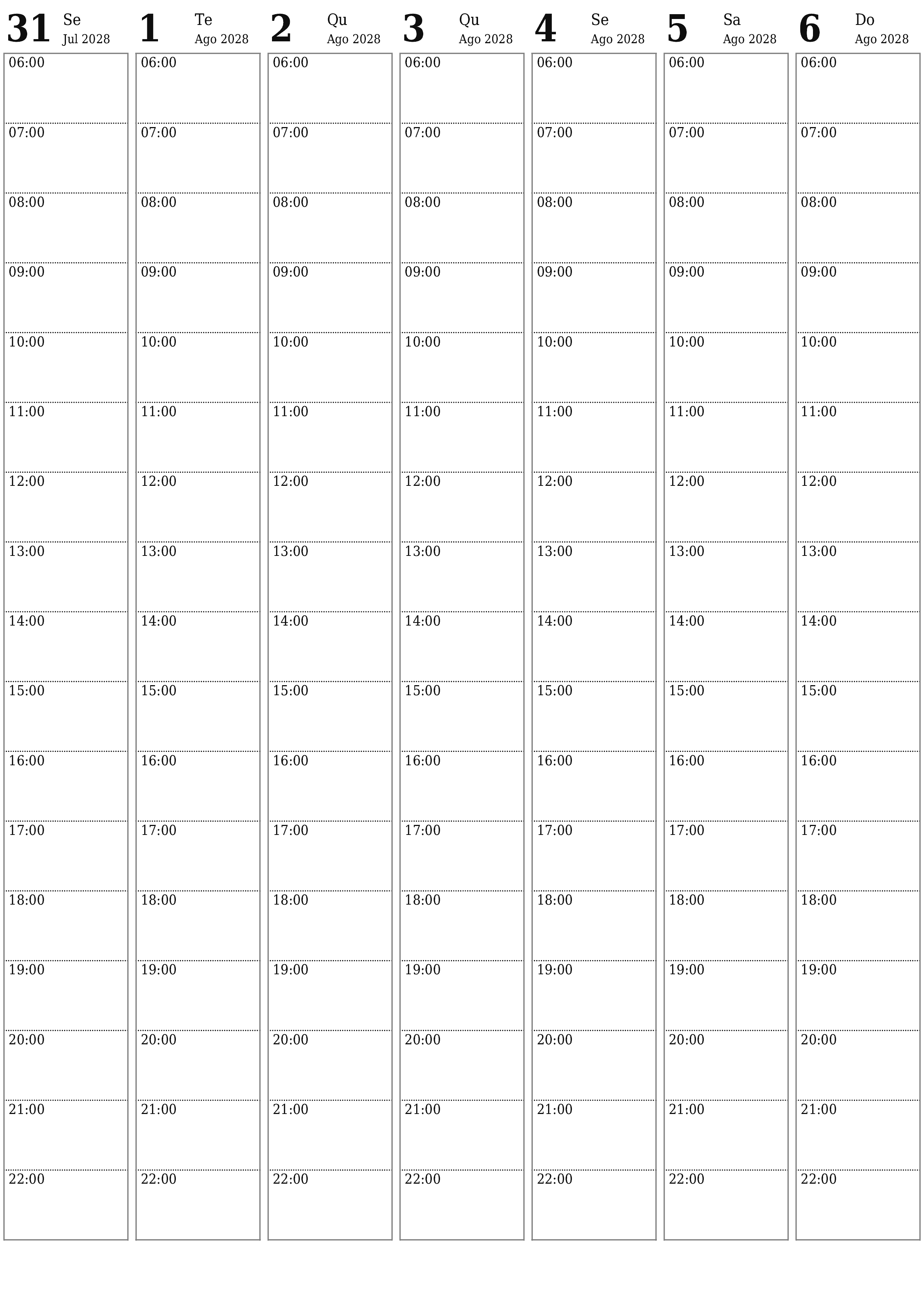 Esvazie o planejador semanal por semanas Agosto 2028 com notas, salve e imprima em PDF PNG Portuguese