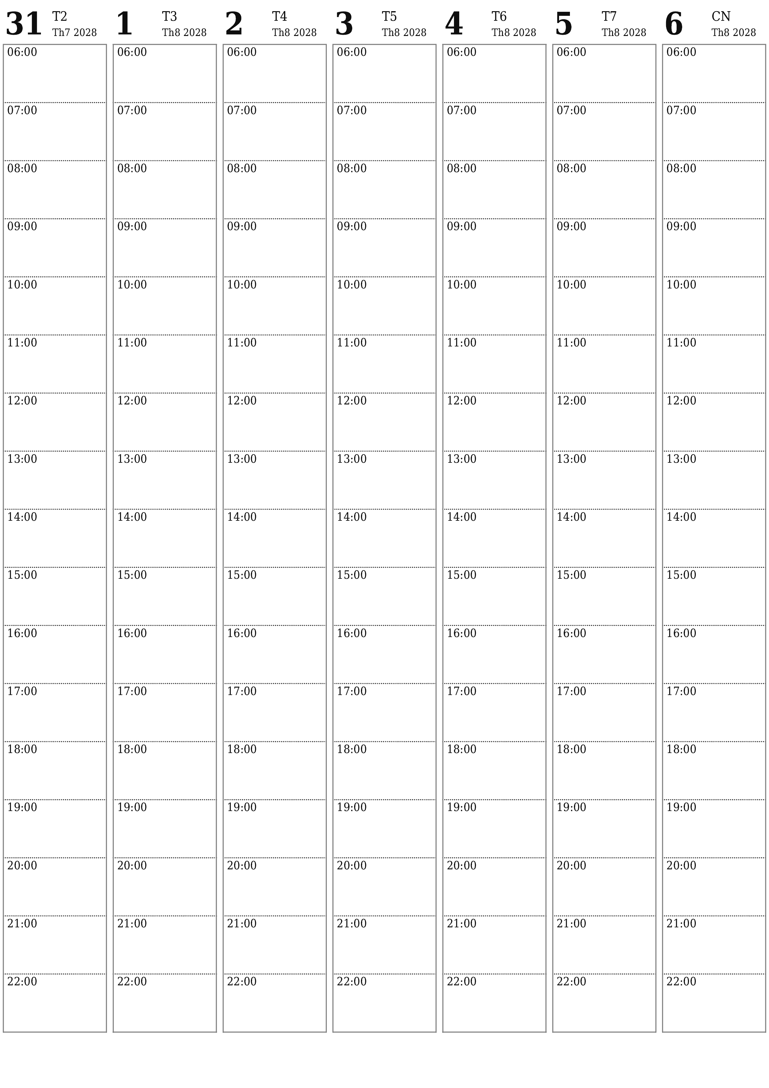 Công cụ lập kế hoạch hàng tuần trống trong tuần Tháng 8 2028 có ghi chú, lưu và in sang PDF PNG Vietnamese