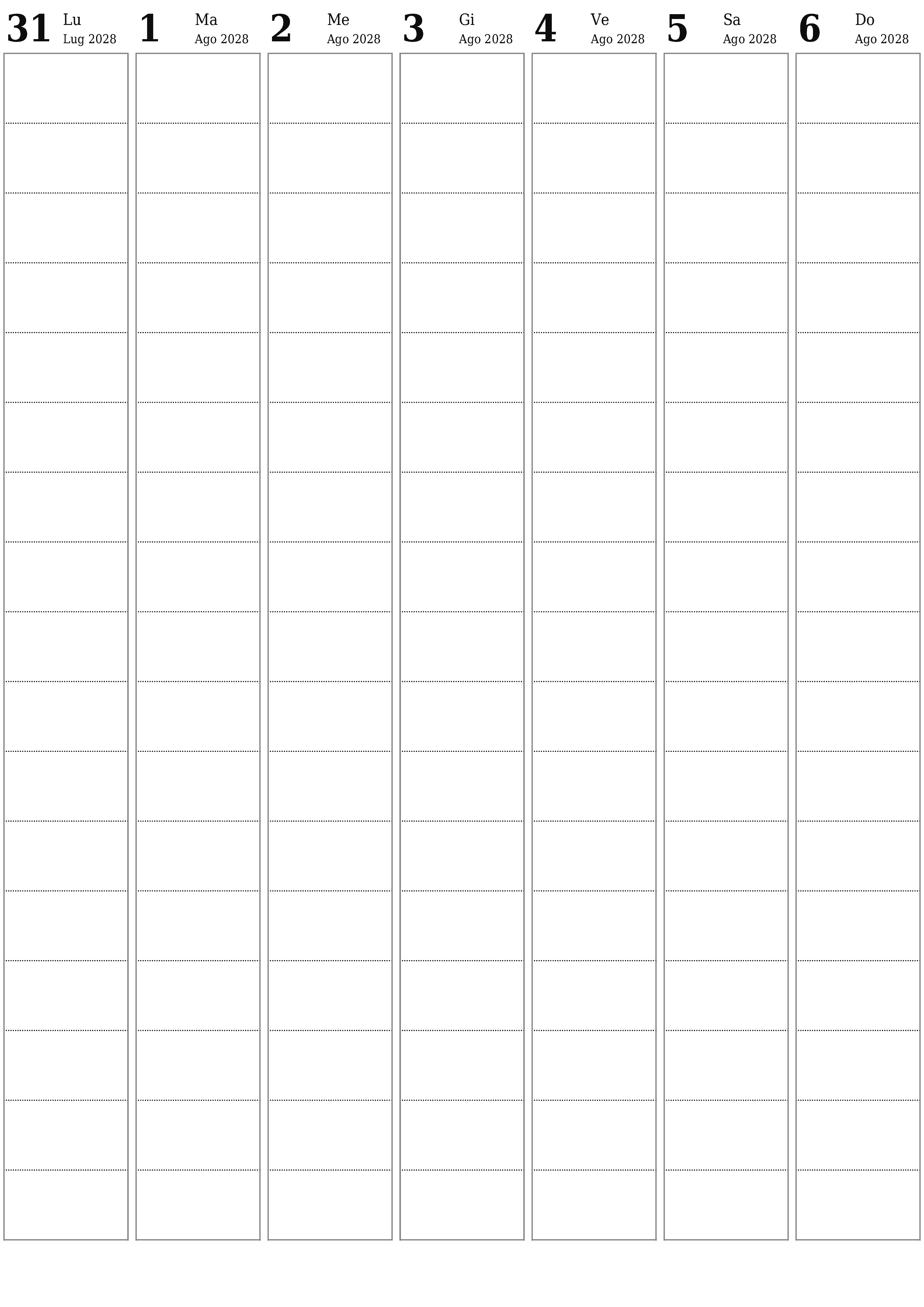 Agenda settimanale vuota per settimane Agosto 2028 con note, salva e stampa in PDF PNG Italian