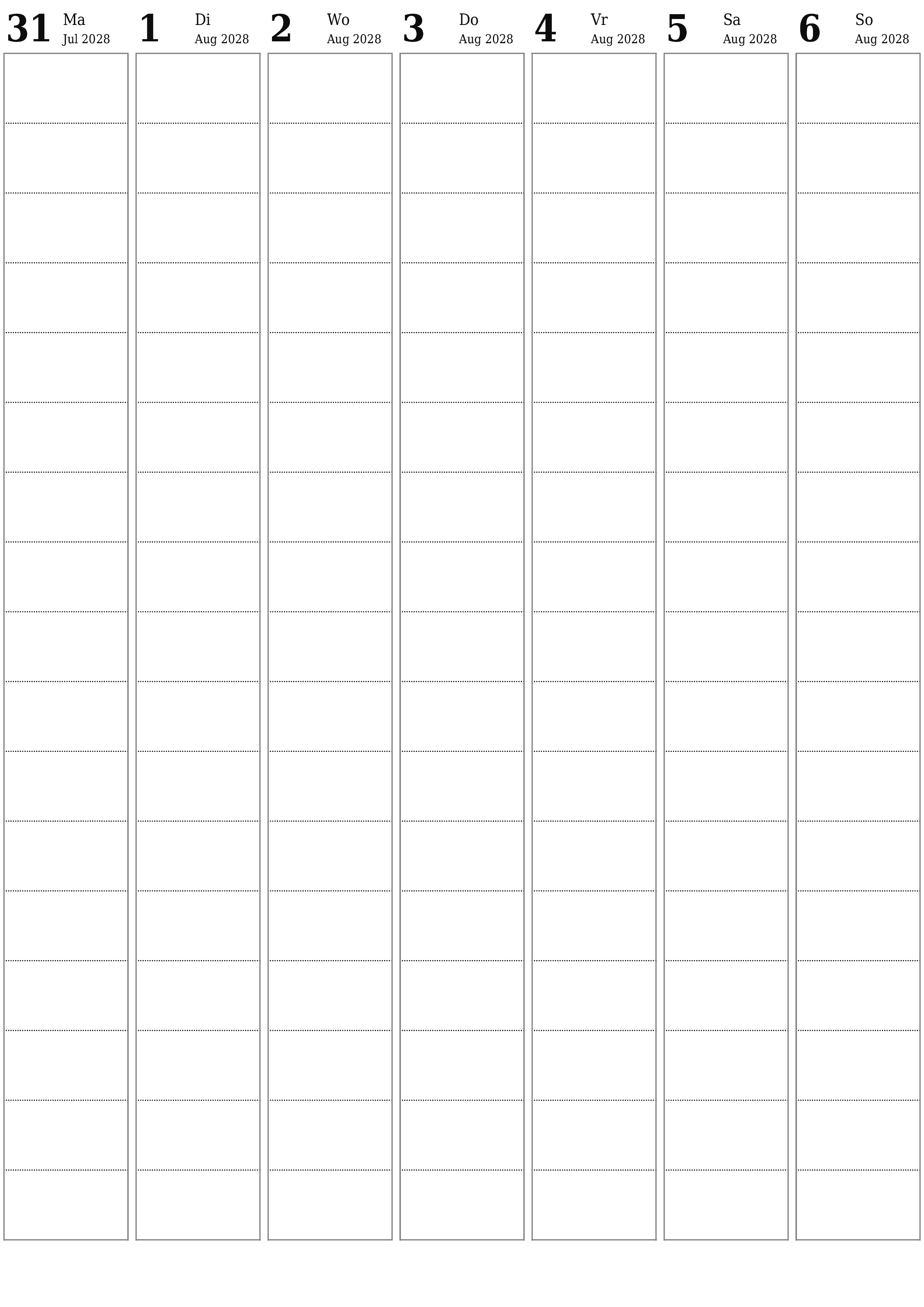 Leë weeklikse drukbare kalender en beplanner vir week Augustus 2028 met notas, stoor en druk na PDF PNG Afrikaans