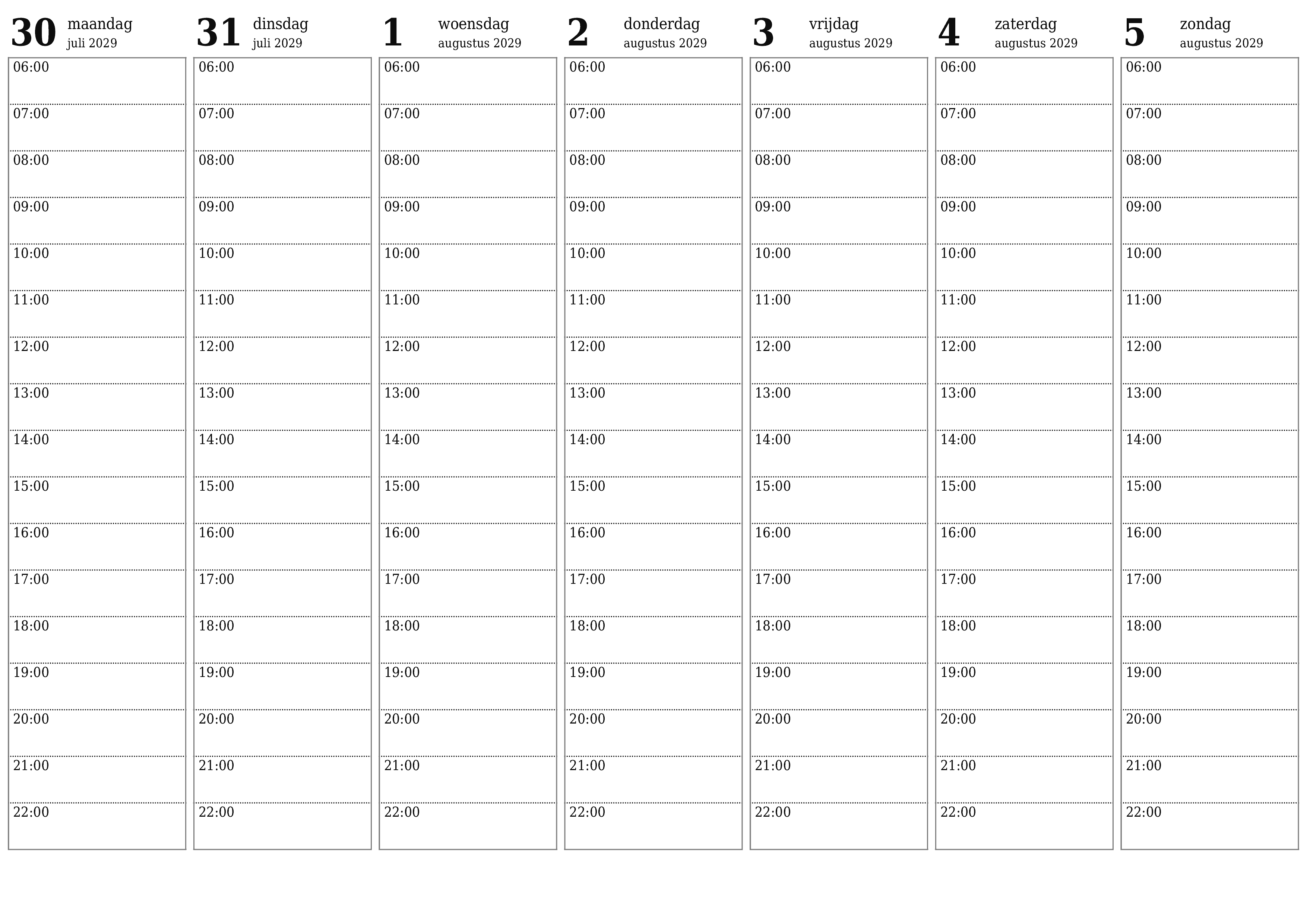 afdrukbare muur sjabloon gratis horizontaal Wekelijks planner kalender augustus (aug) 2029