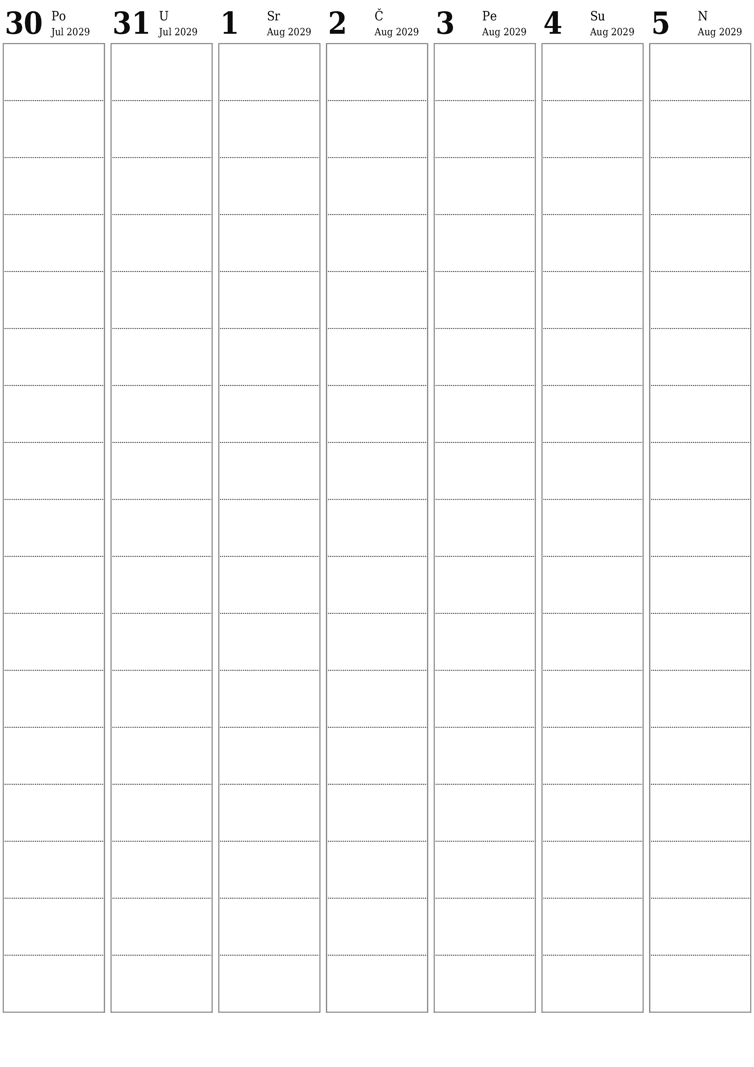  za štampanje zidni šablon a besplatni vertikalno Tjedno planer kalendar August (Aug) 2029