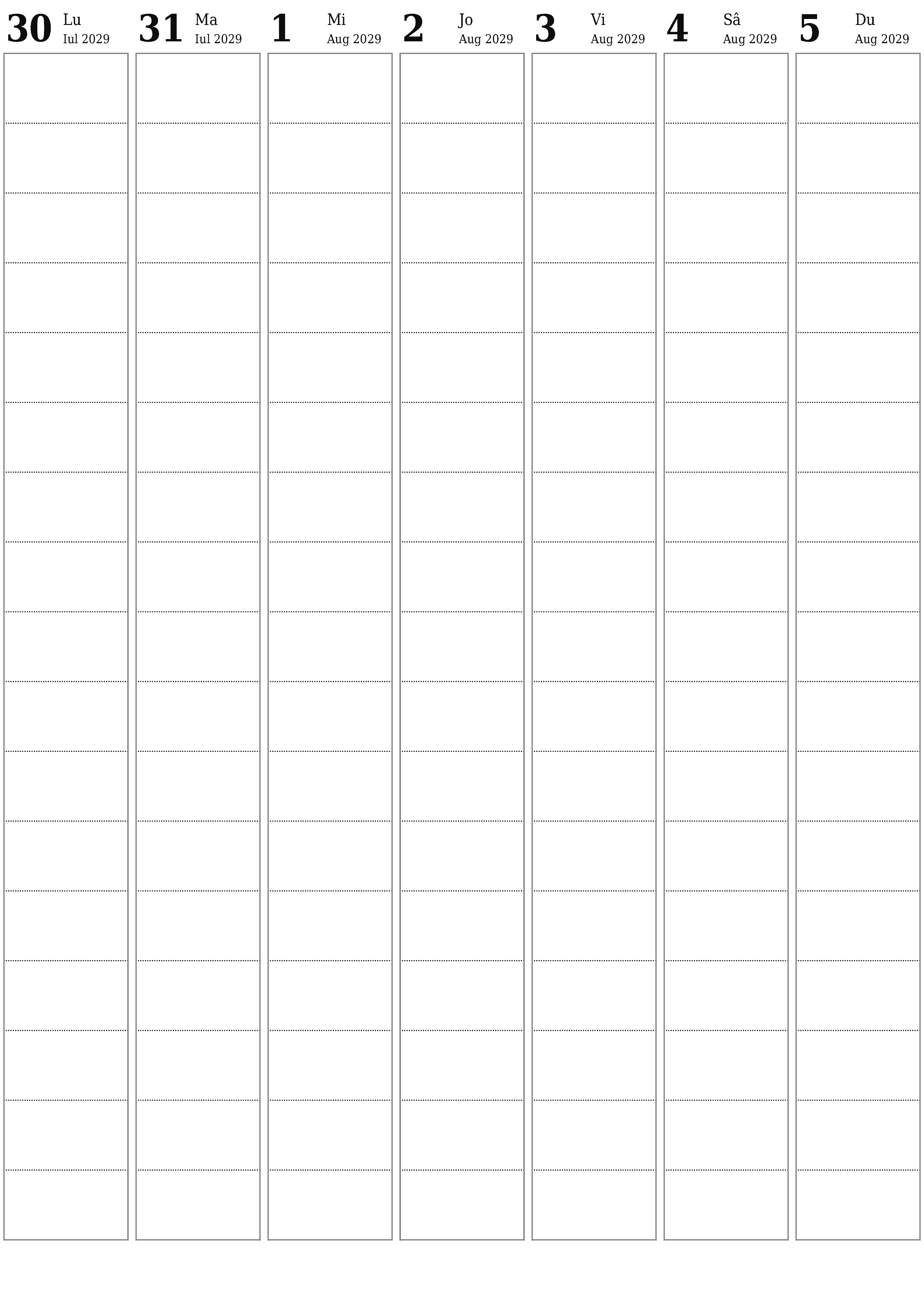  imprimabil de perete șablon de gratuitvertical Săptămânal planificator calendar August (Aug) 2029