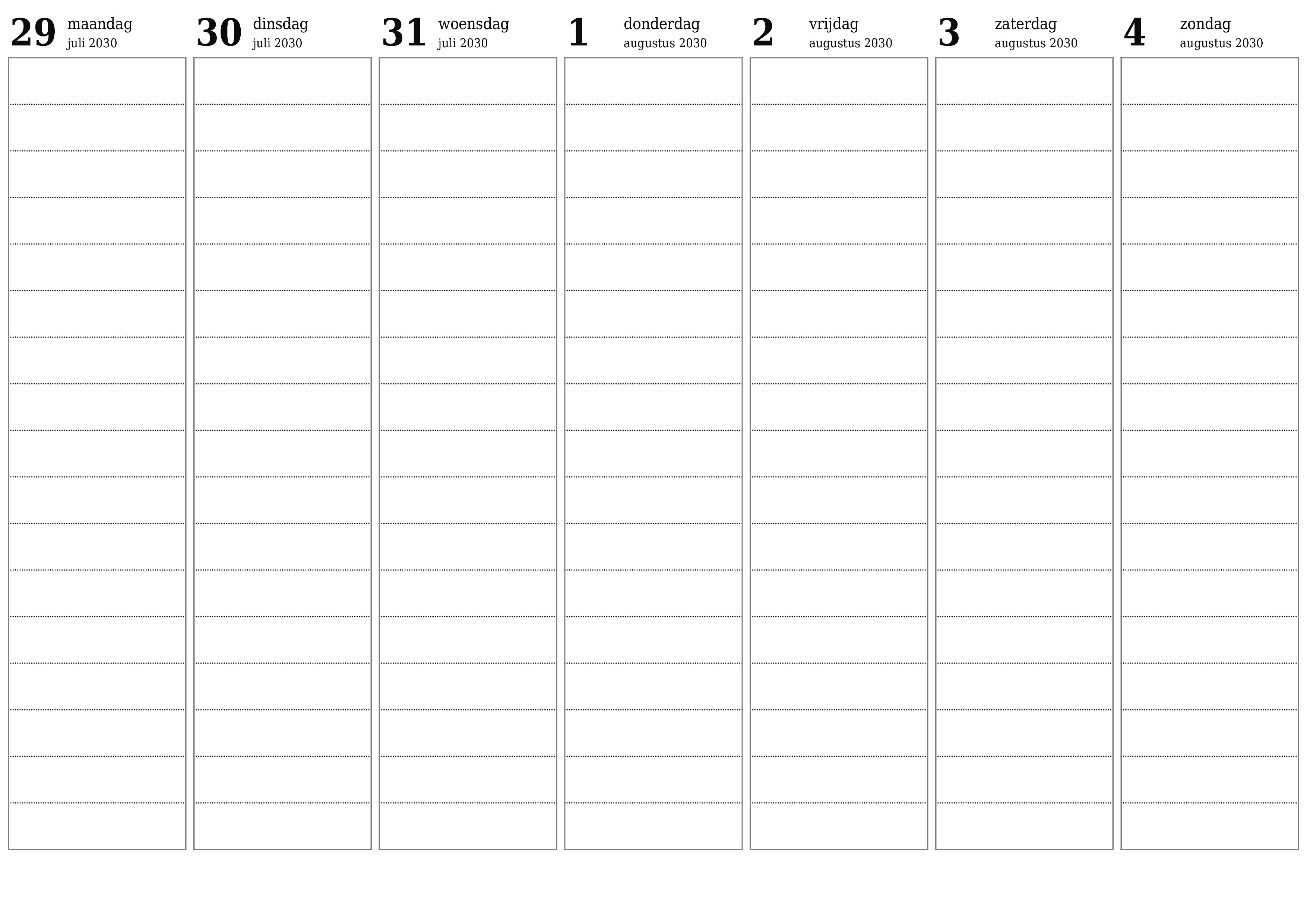 Lege weekplanner voor weken augustus 2030 met notities, opslaan en afdrukken naar pdf PNG Dutch