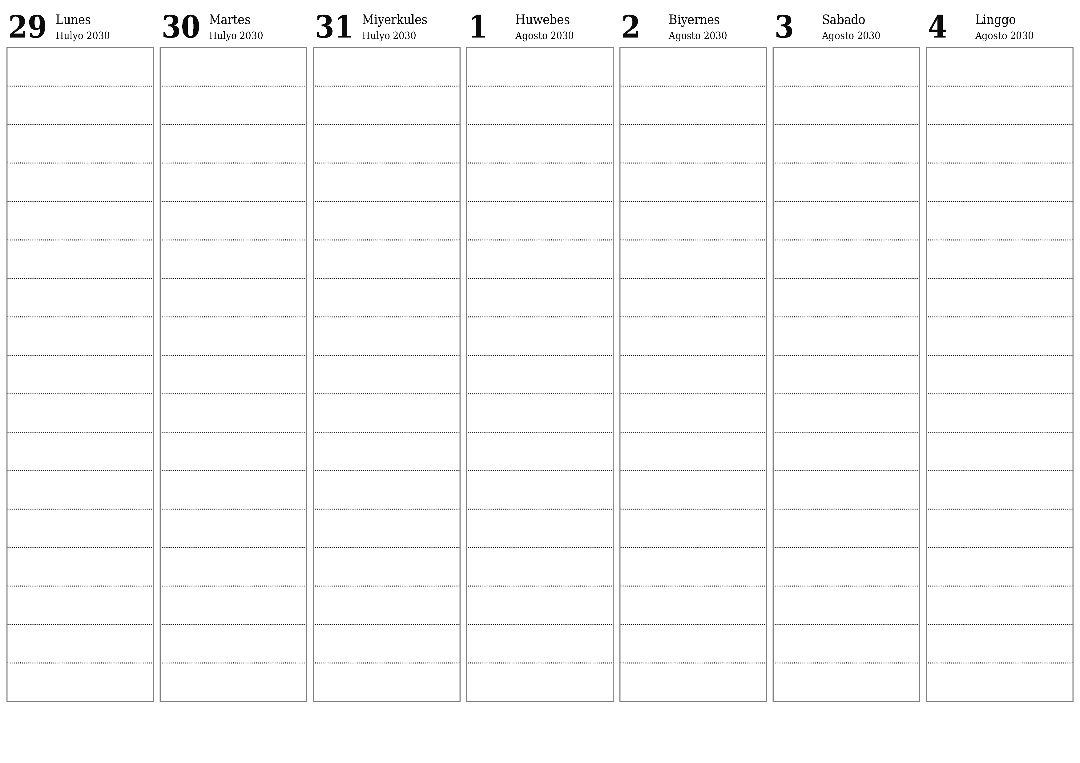 Walang laman lingguhang tagaplano para sa mga linggo Agosto 2030 na may mga tala, i-save at i-print sa PDF PNG Filipino