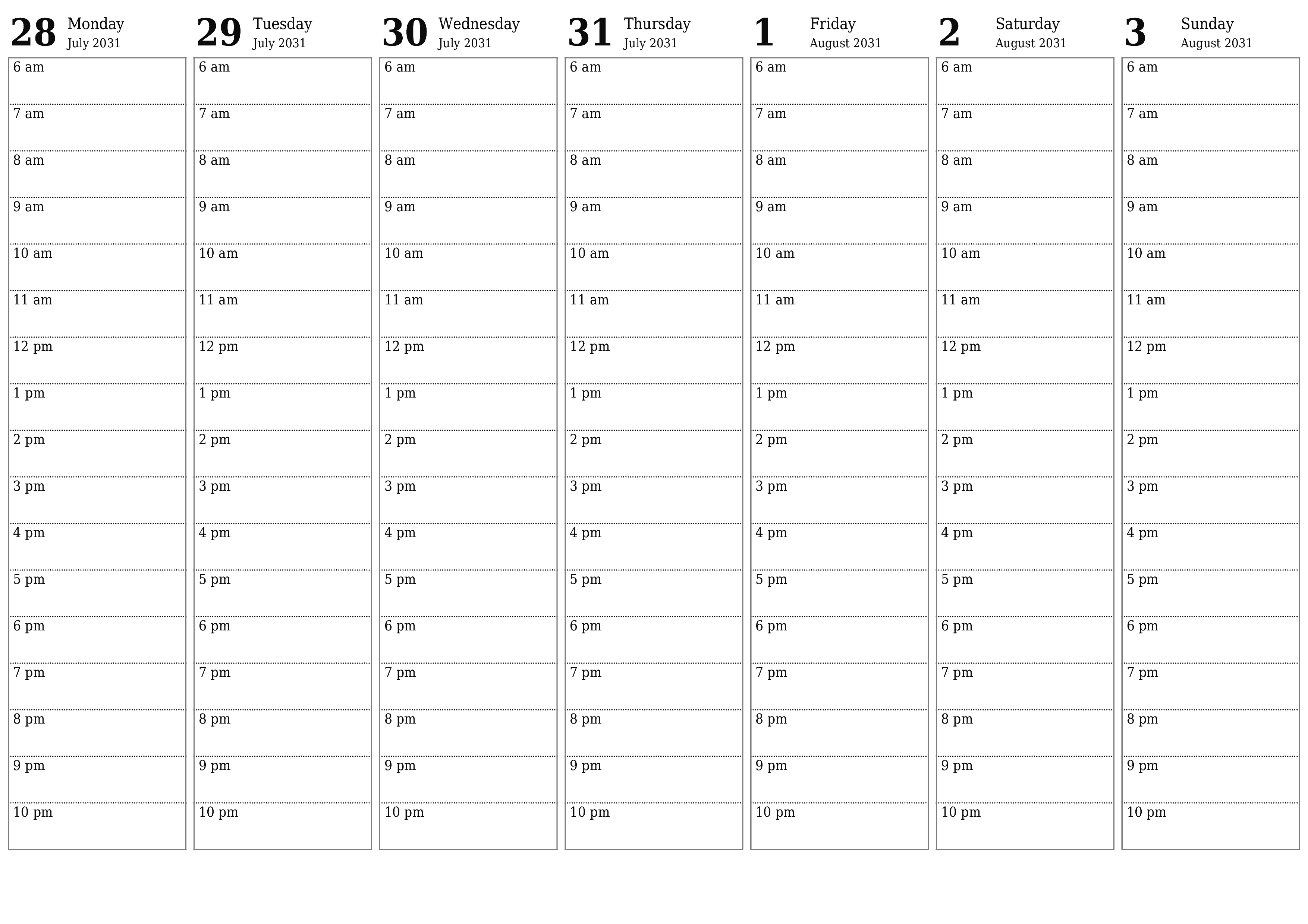 Blank calendar August 2031