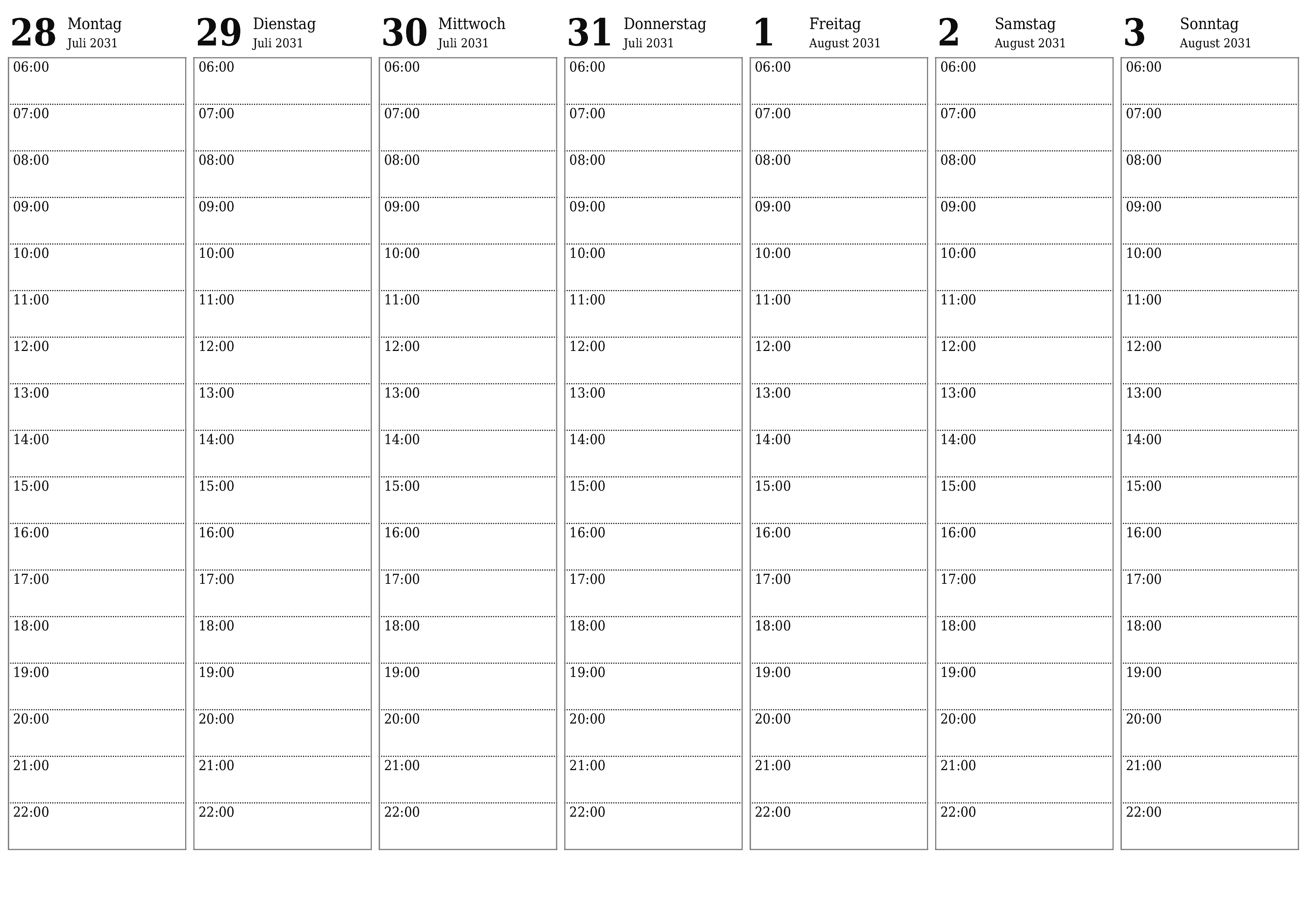  zum Ausdrucken Wandkalender vorlage kostenloser horizontal Wöchentlich Planer Kalender August (Aug) 2031