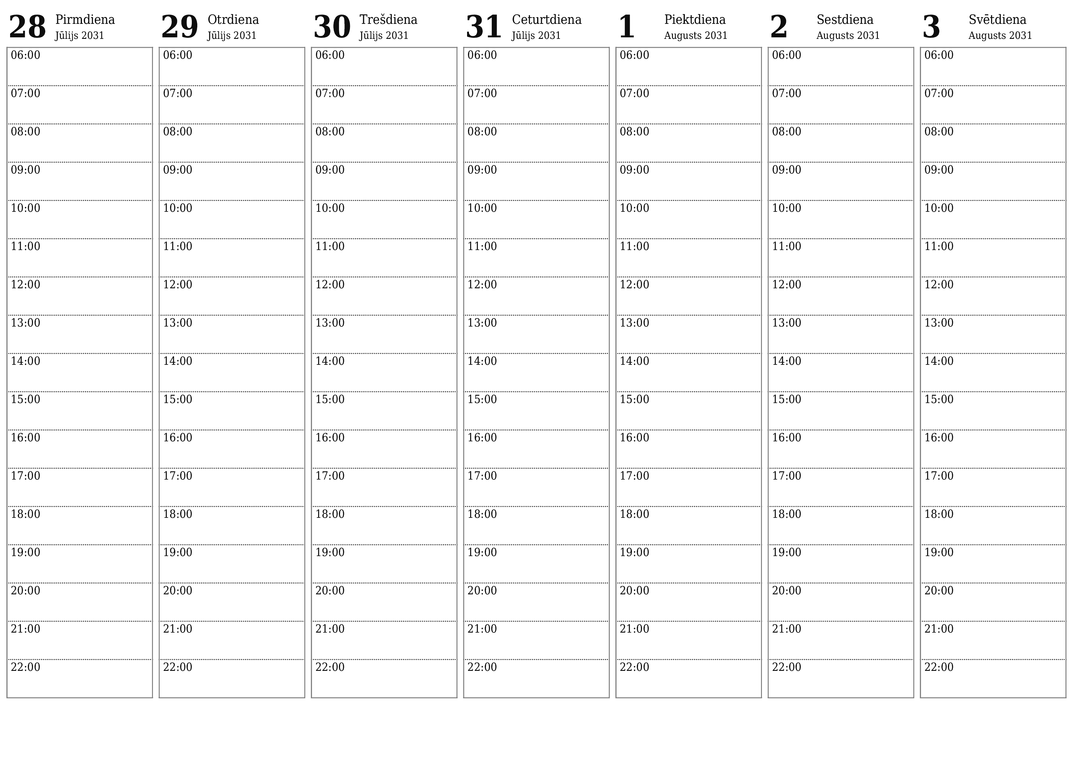 izdrukājams sienas kalendāra veidne bezmaksas horizontāli Nedēļas plānotājs kalendārs Augusts (Aug) 2031