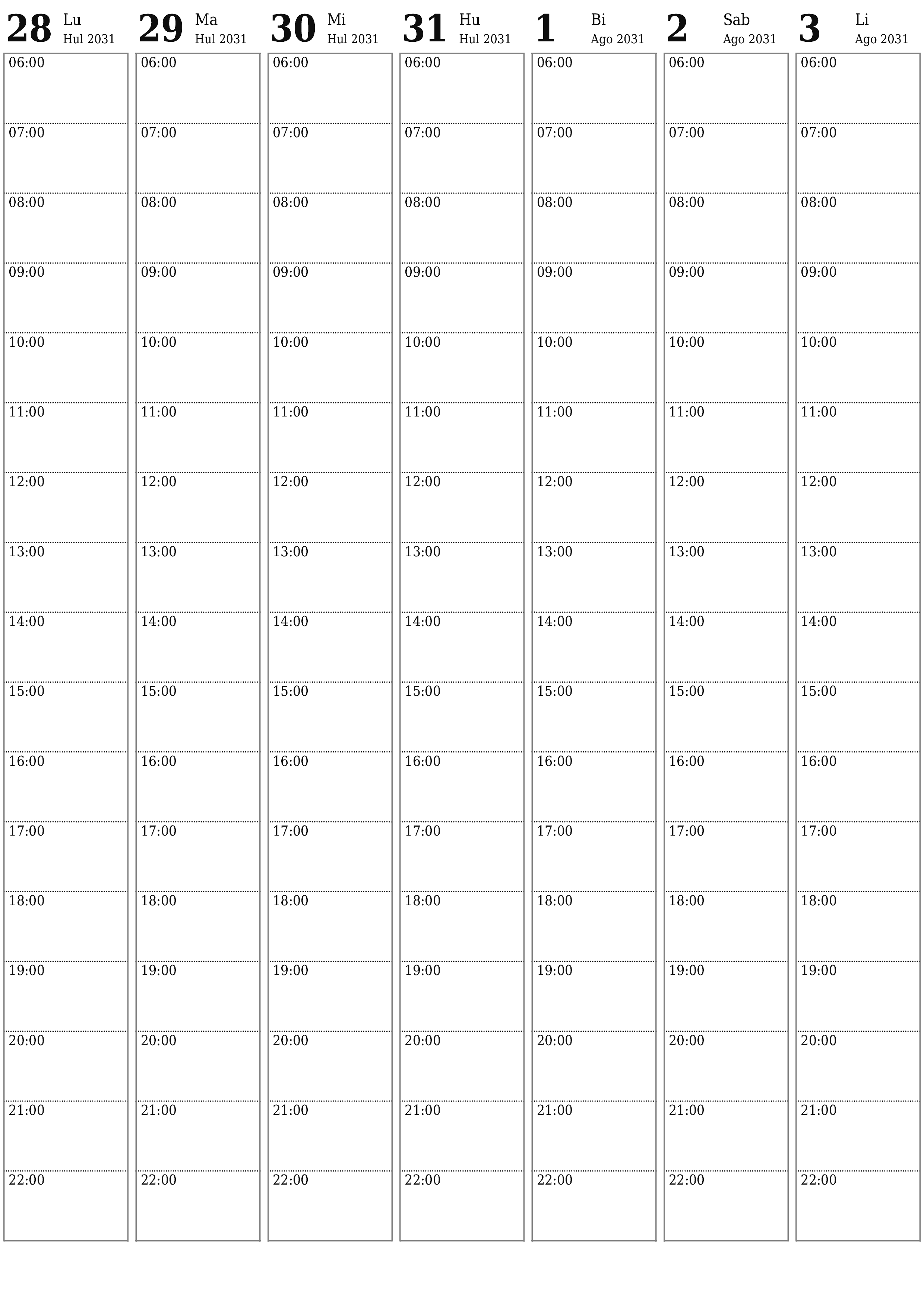 napi-print na sa dingding template ng libreng patayo Lingguhan tagaplano kalendaryo Agosto (Ago) 2031