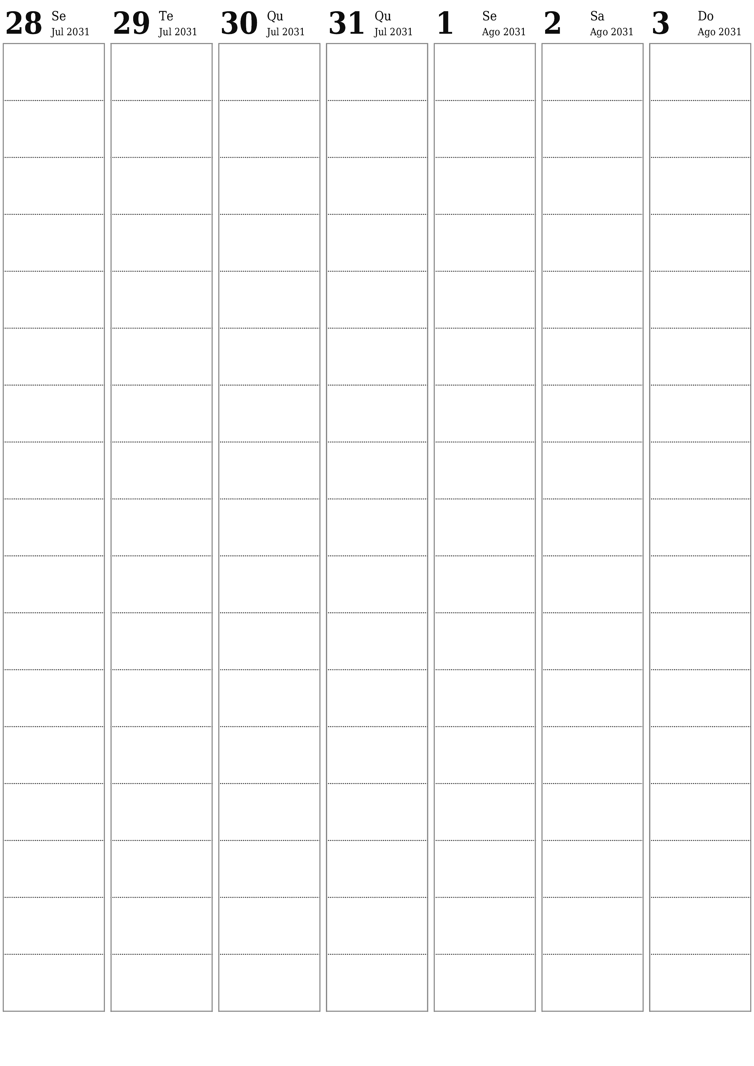  para impressão de parede modelo de grátisvertical Semanal planejador calendário Agosto (Ago) 2031