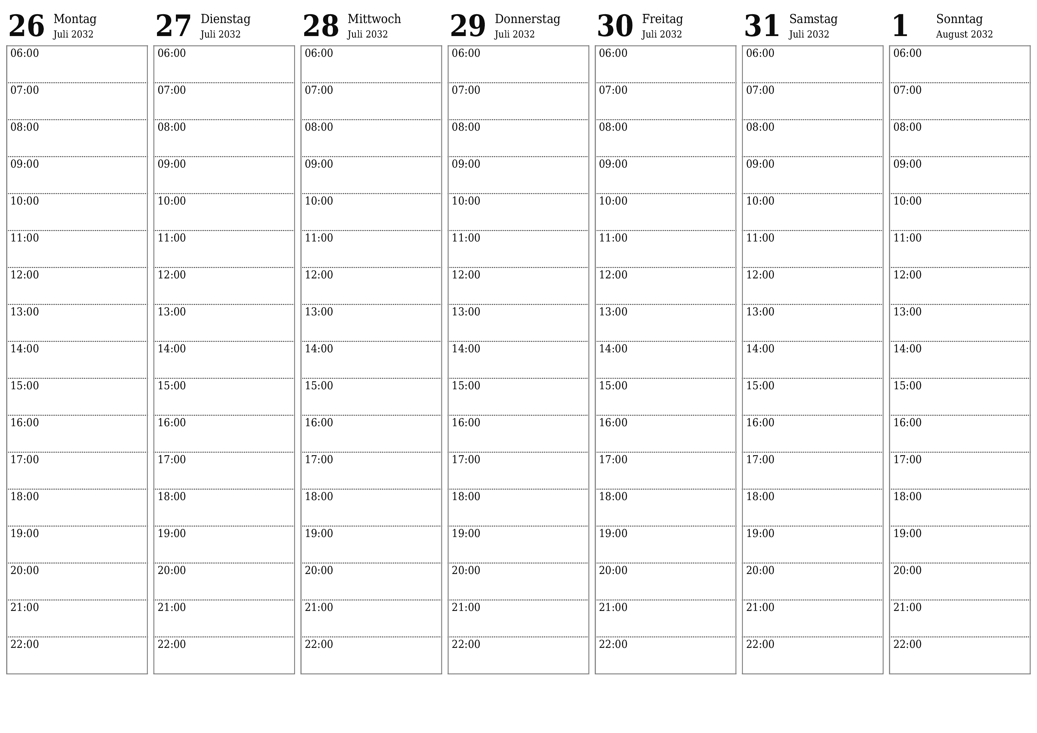 Wochenplaner für Wochen August 2032 mit Notizen leeren, speichern und als PDF drucken PNG German