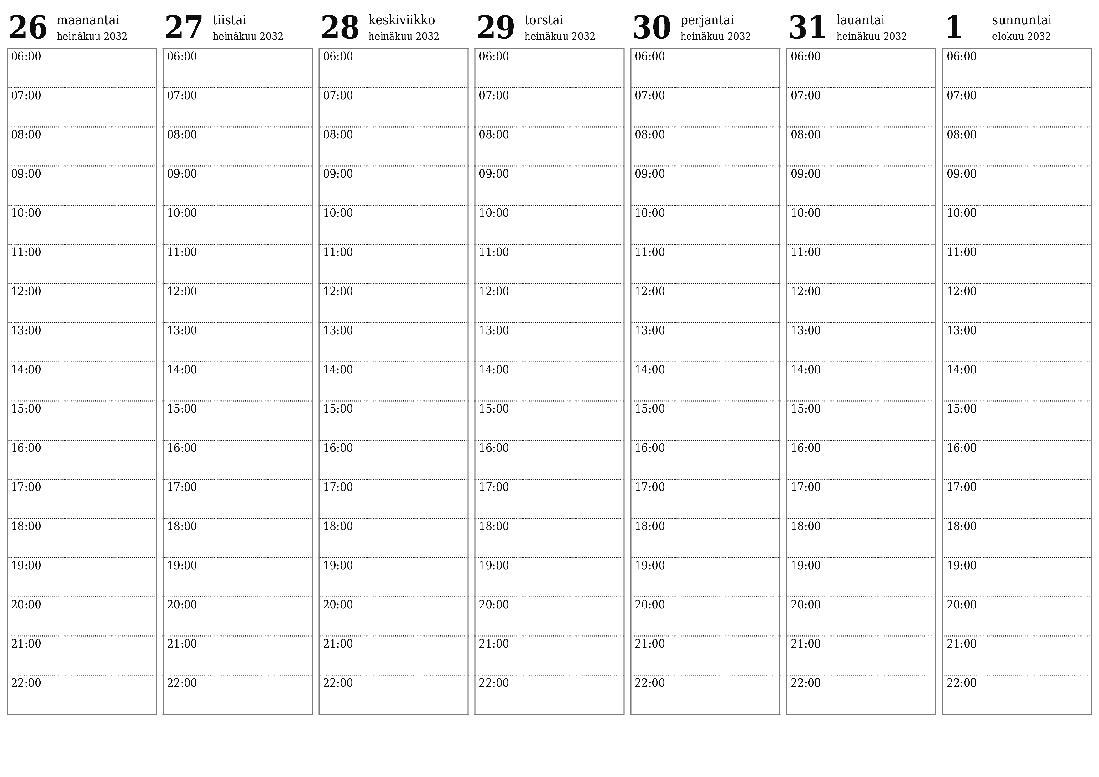 Tyhjennä viikkosuunnittelija viikkojen ajan Elokuu 2032 muistiinpanoilla, tallenna ja tulosta PDF-muotoon PNG Finnish