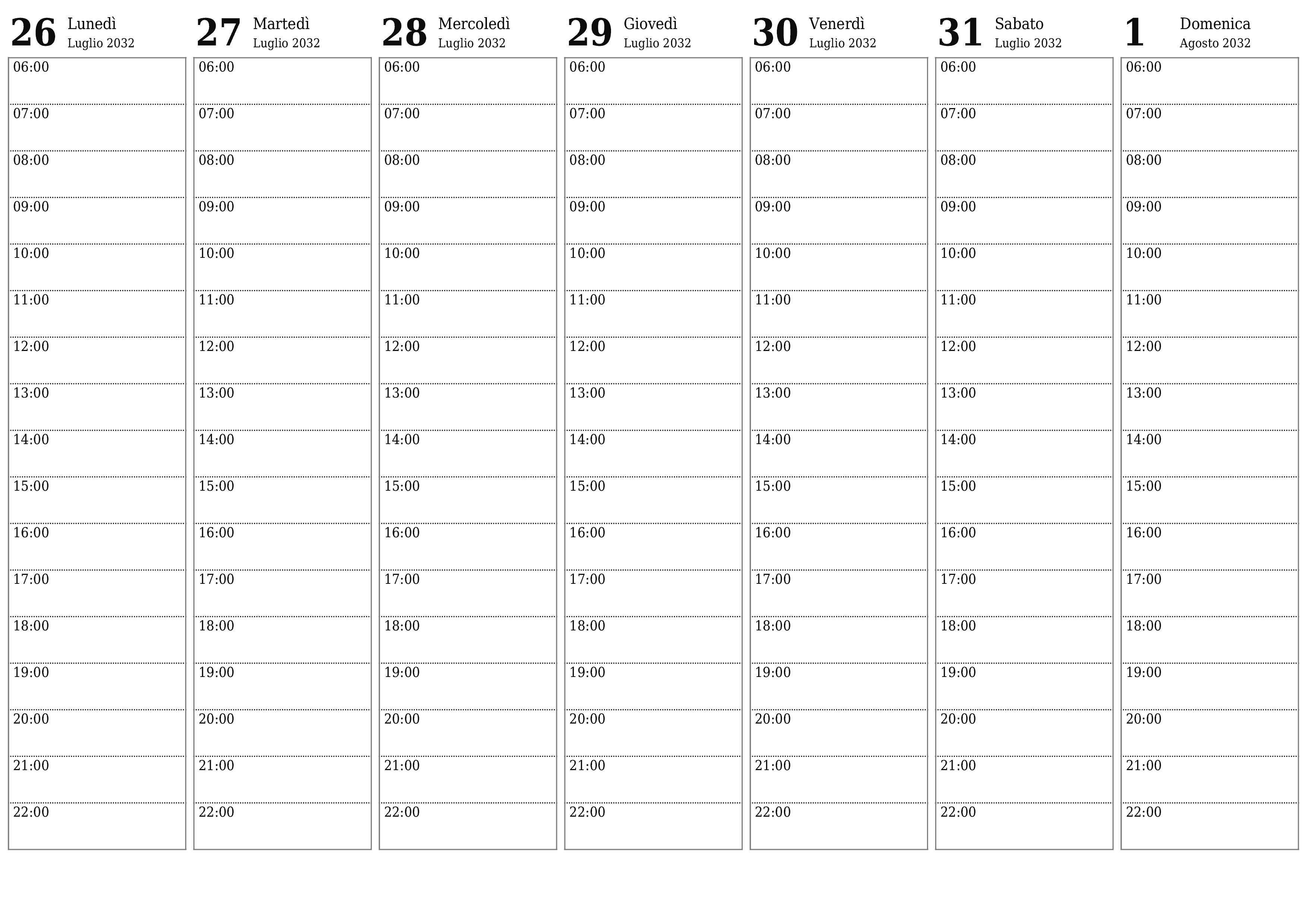 Agenda settimanale vuota per settimane Agosto 2032 con note, salva e stampa in PDF PNG Italian