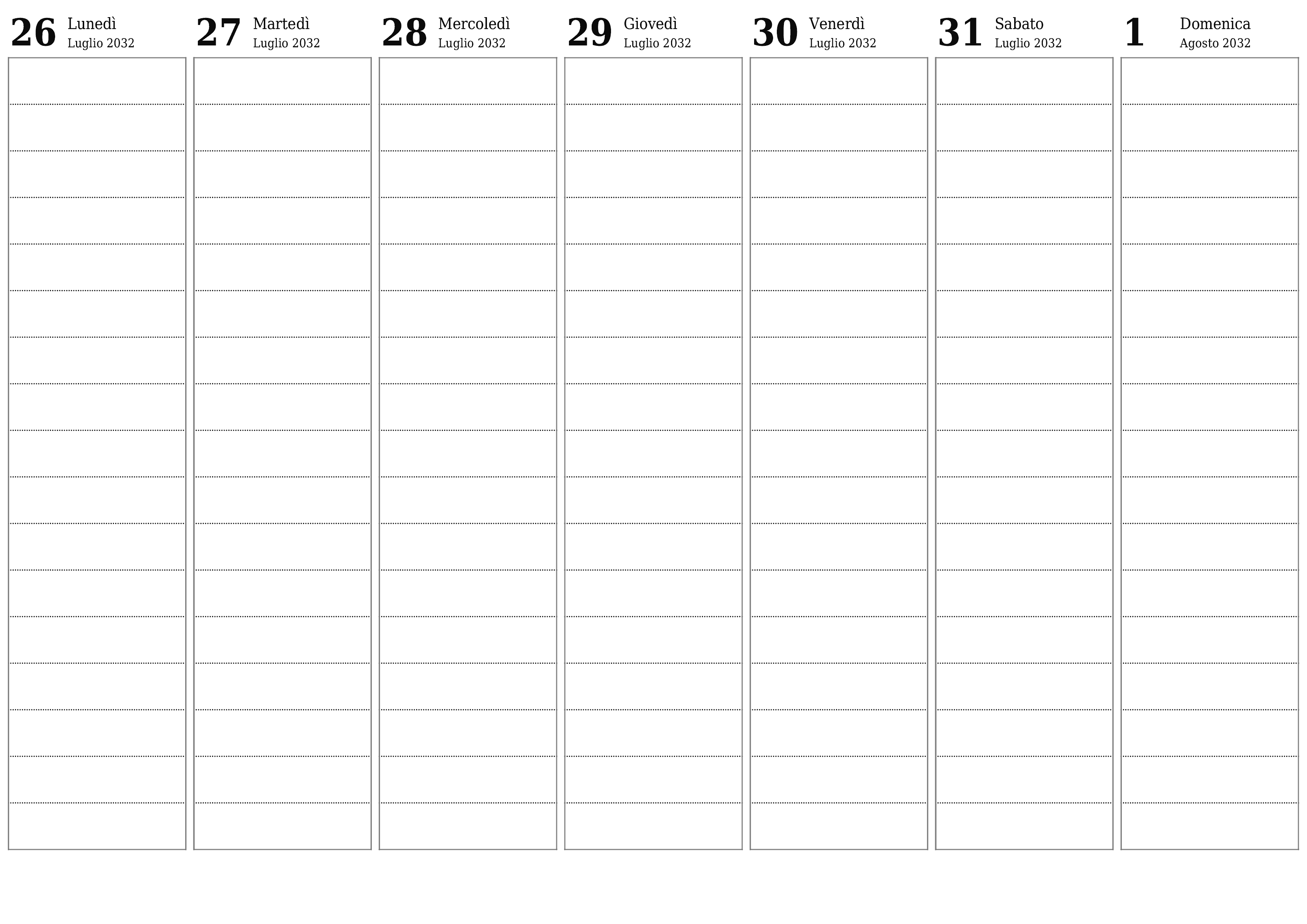 Agenda settimanale vuota per settimane Agosto 2032 con note, salva e stampa in PDF PNG Italian