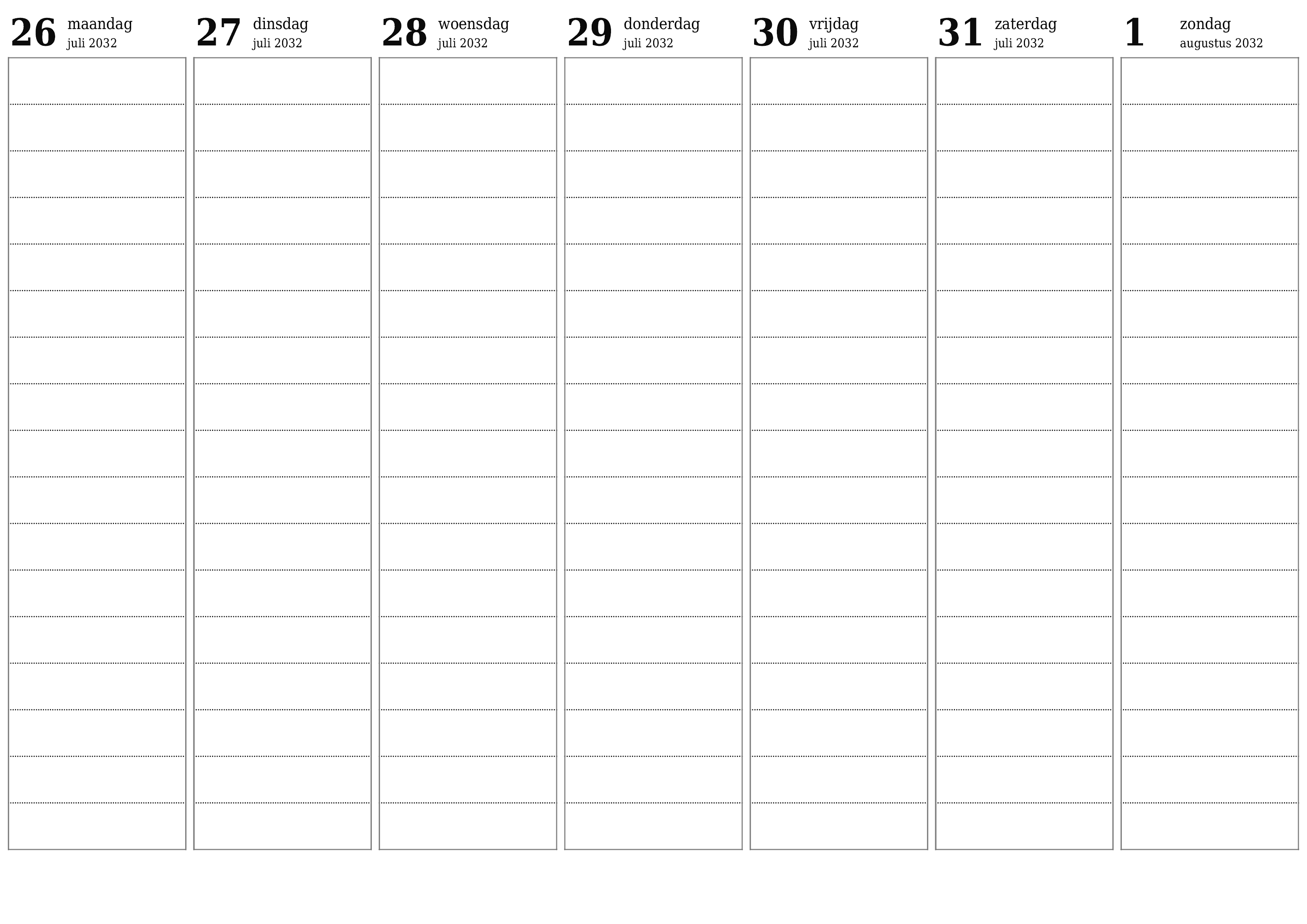 Lege weekplanner voor weken augustus 2032 met notities, opslaan en afdrukken naar pdf PNG Dutch