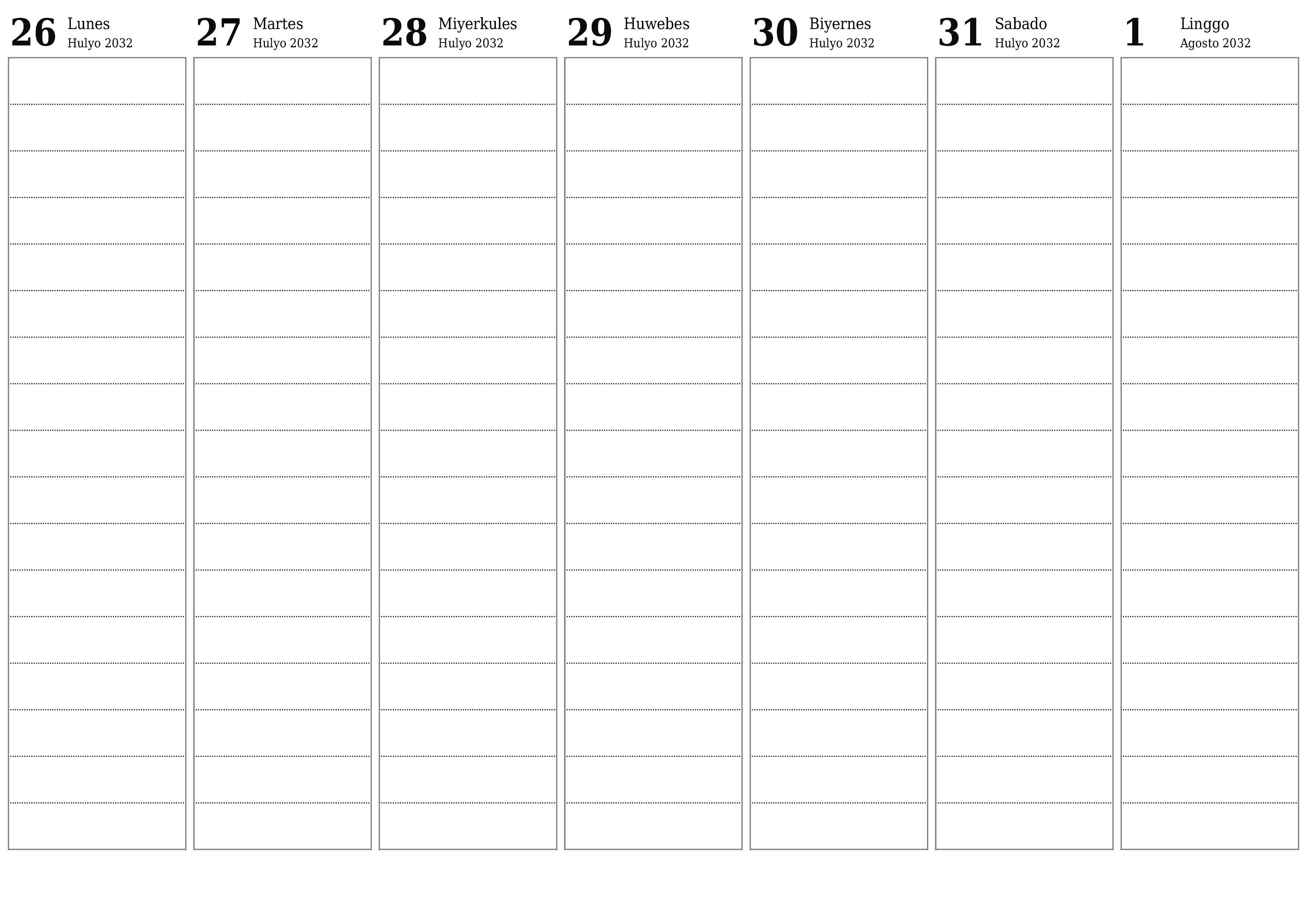 Walang laman lingguhang tagaplano para sa mga linggo Agosto 2032 na may mga tala, i-save at i-print sa PDF PNG Filipino