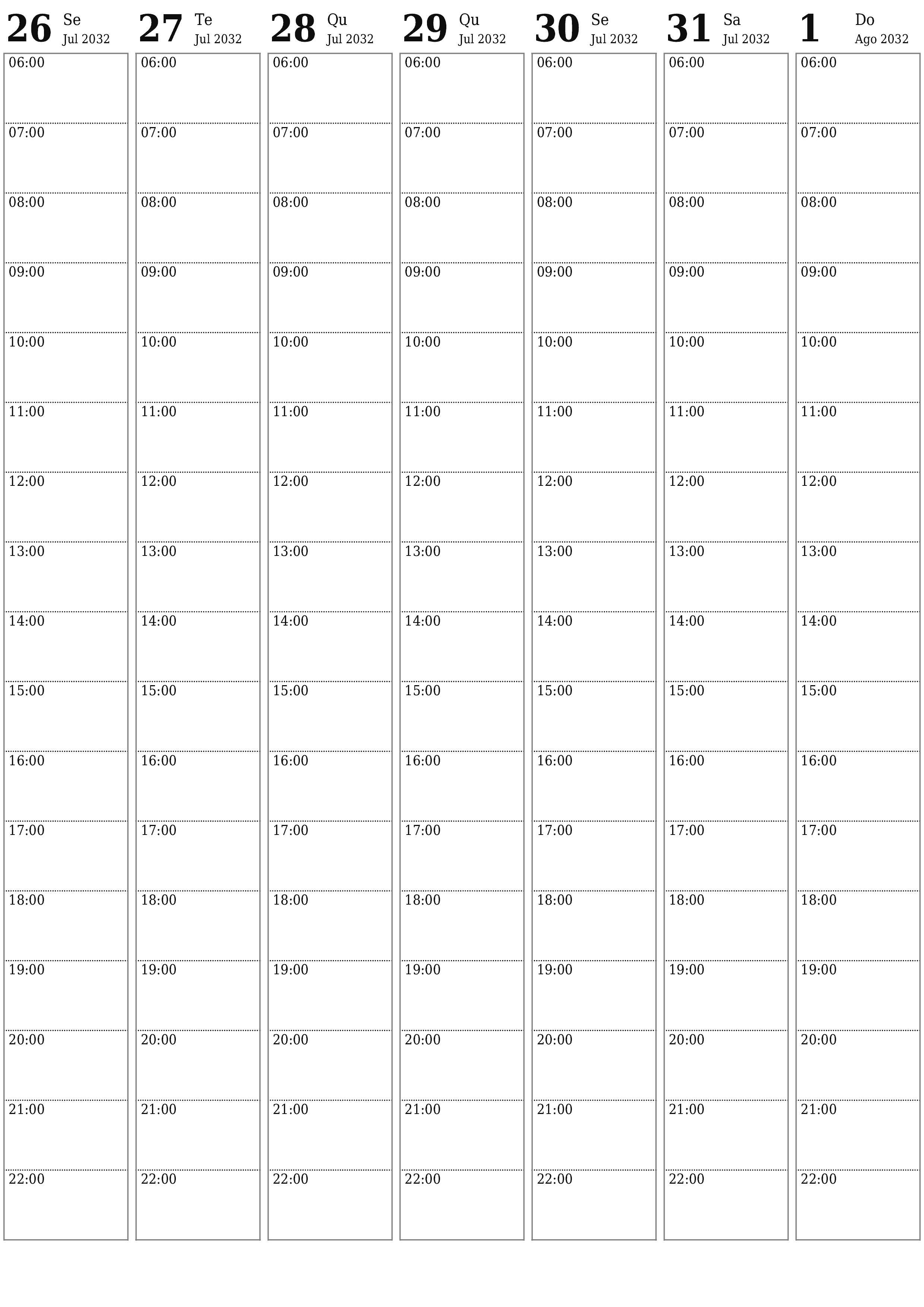 Esvazie o planejador semanal por semanas Agosto 2032 com notas, salve e imprima em PDF PNG Portuguese