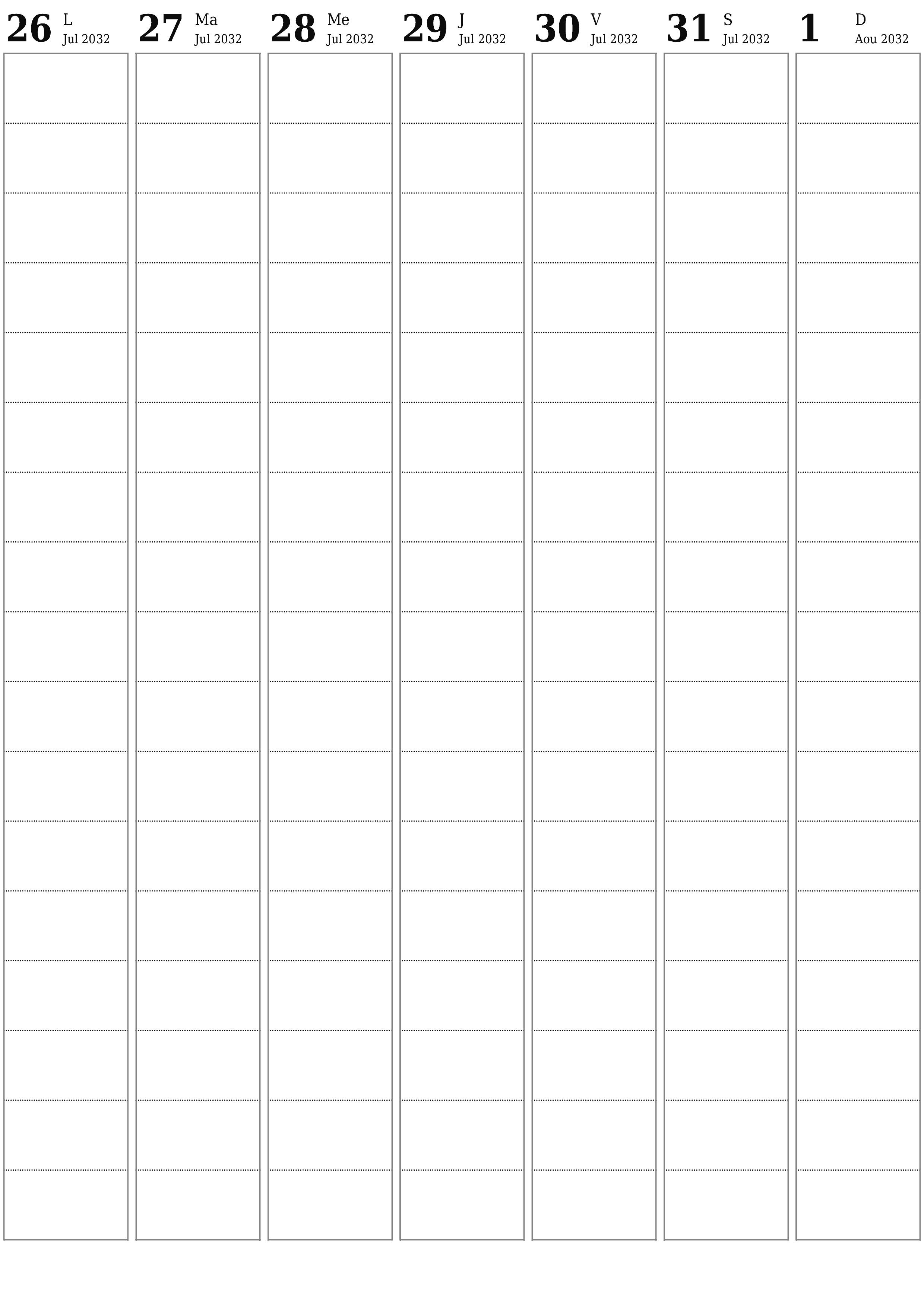 Agenda hebdomadaire vide pendant des semaines Août 2032 avec notes, enregistrez et imprimez au format PDF PNG French