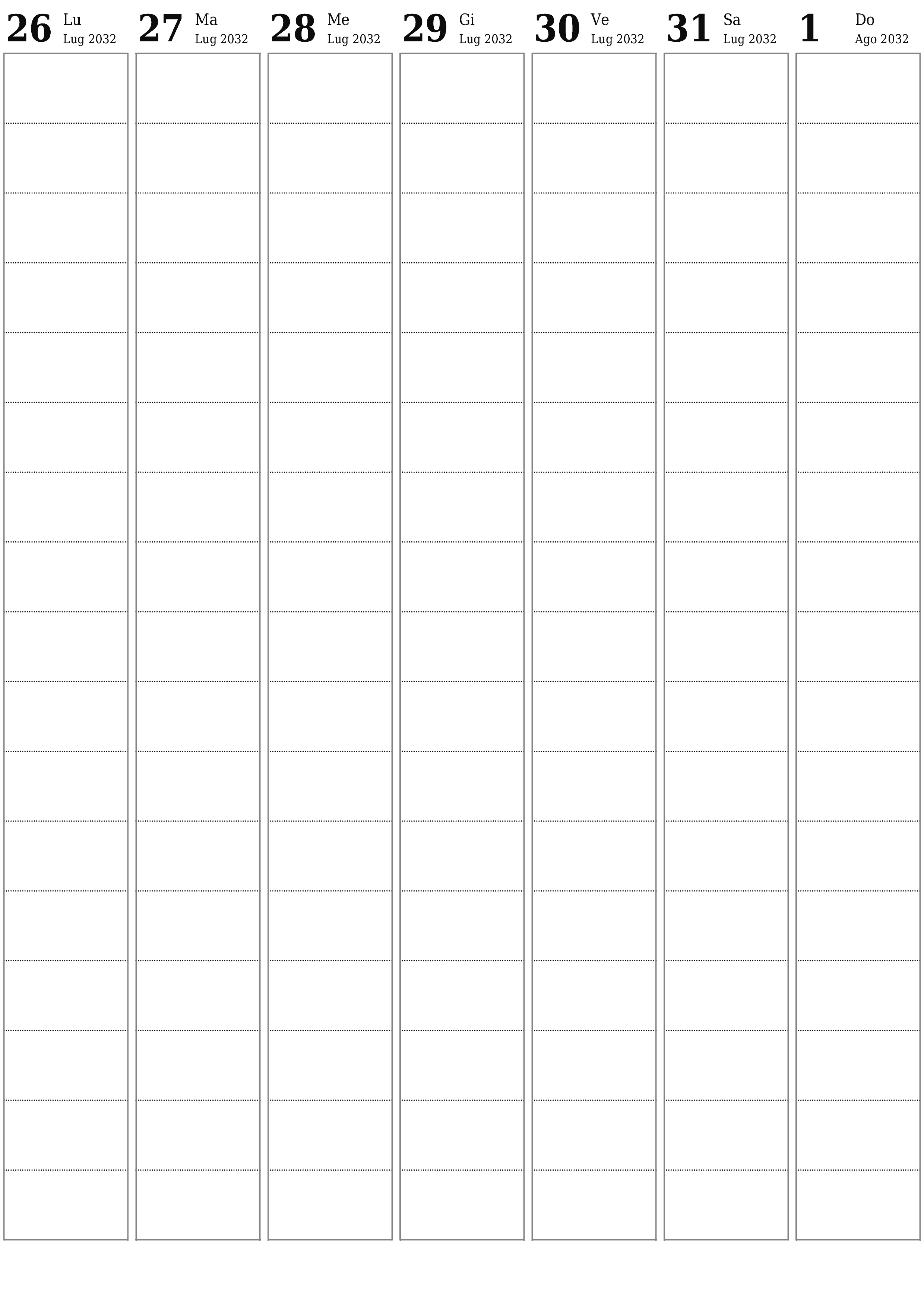  stampabile da parete modello di gratuitoverticale Settimanale pianificatore calendario Agosto (Ago) 2032