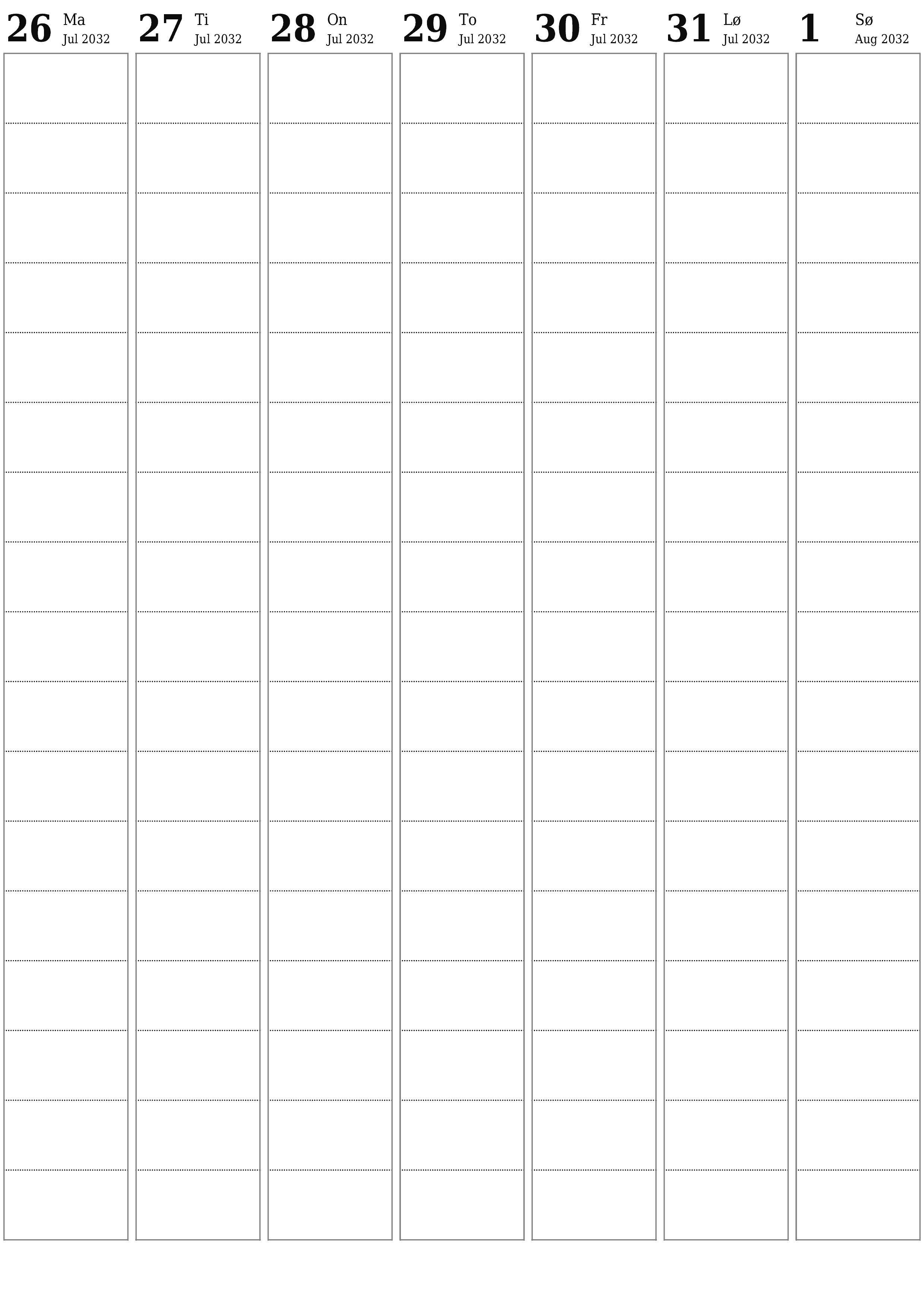 utskrivbar vegg mal gratis vertikal Ukentlig planlegger kalender August (Aug) 2032