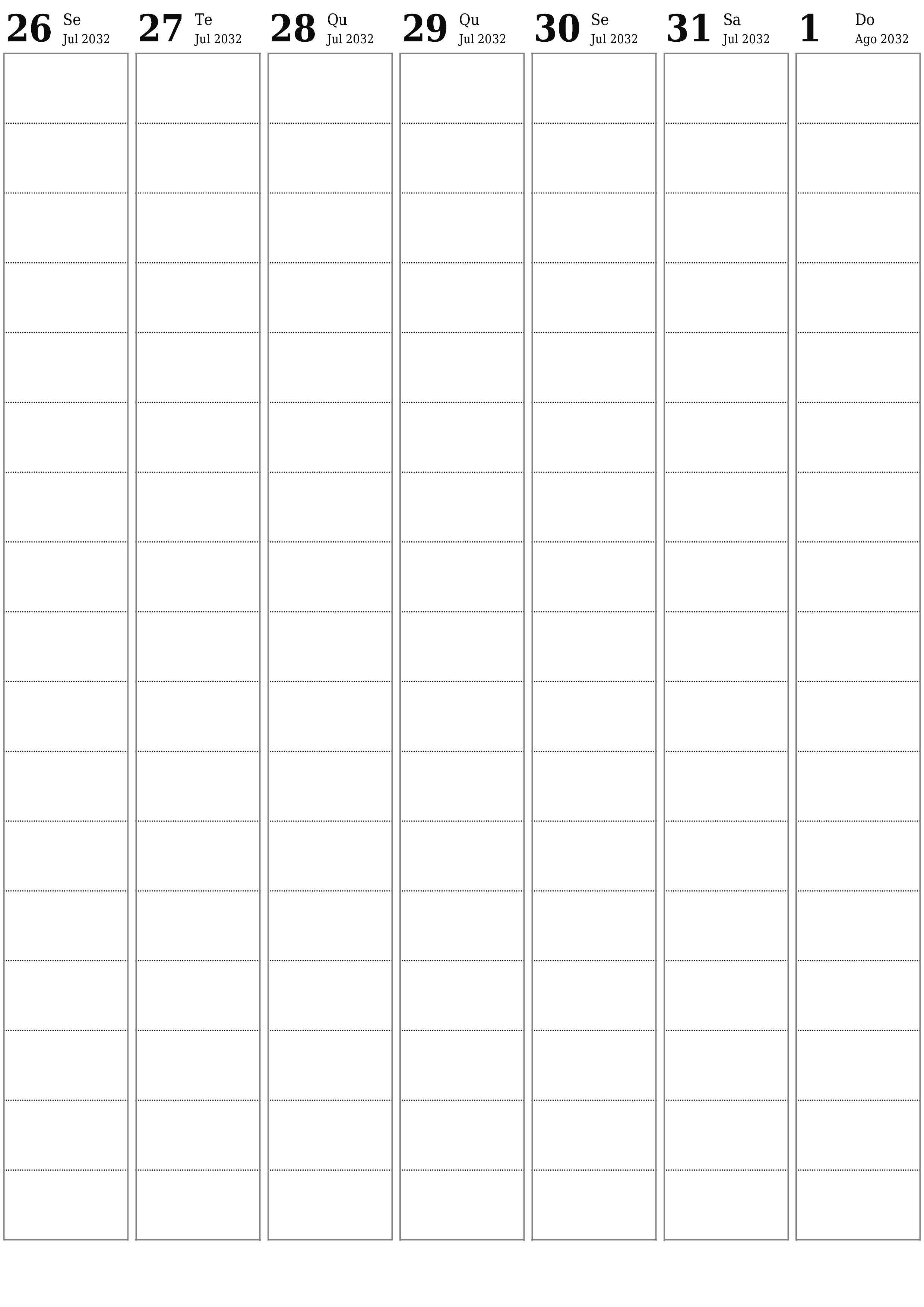  para impressão de parede modelo de grátisvertical Semanal planejador calendário Agosto (Ago) 2032