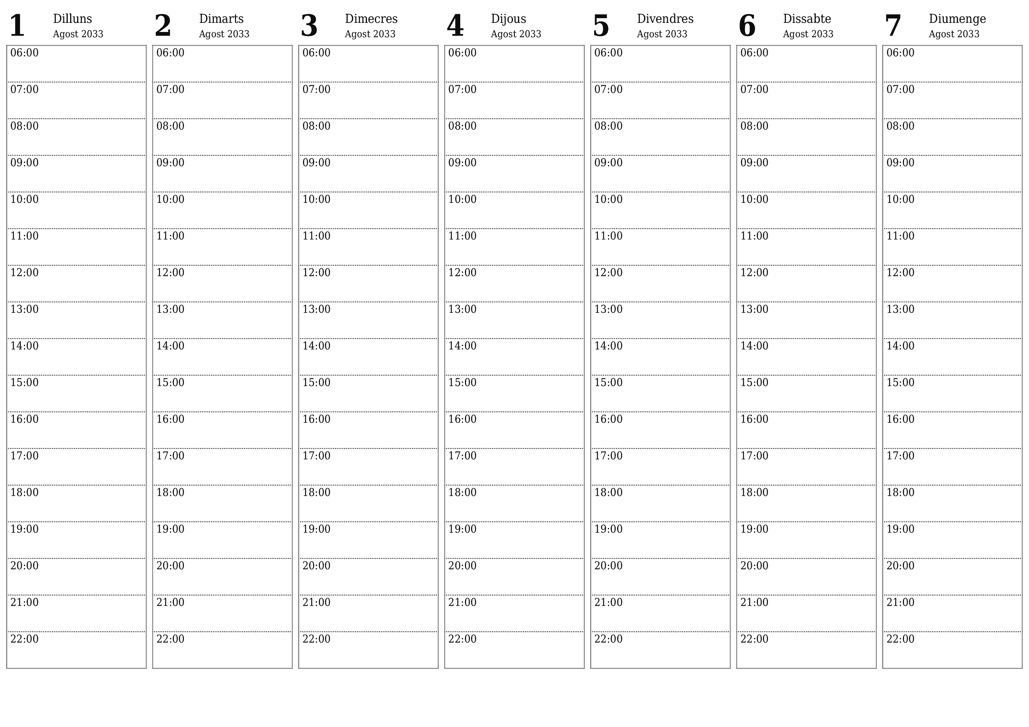 Planificador setmanal buit durant setmanes Agost 2033 amb notes, deseu-lo i imprimiu-lo en format PDF PNG Catalan