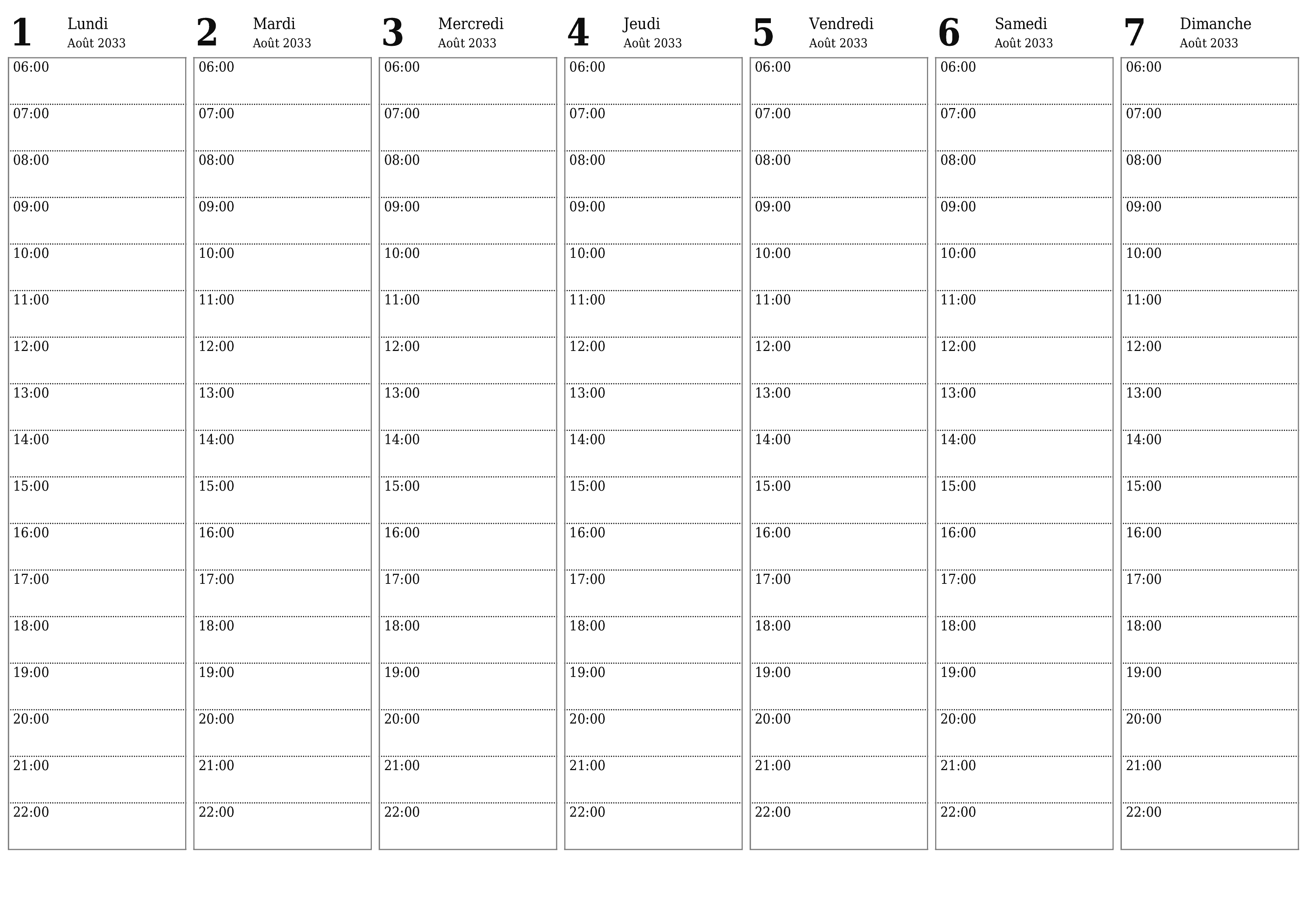 Agenda hebdomadaire vide pendant des semaines Août 2033 avec notes, enregistrez et imprimez au format PDF PNG French
