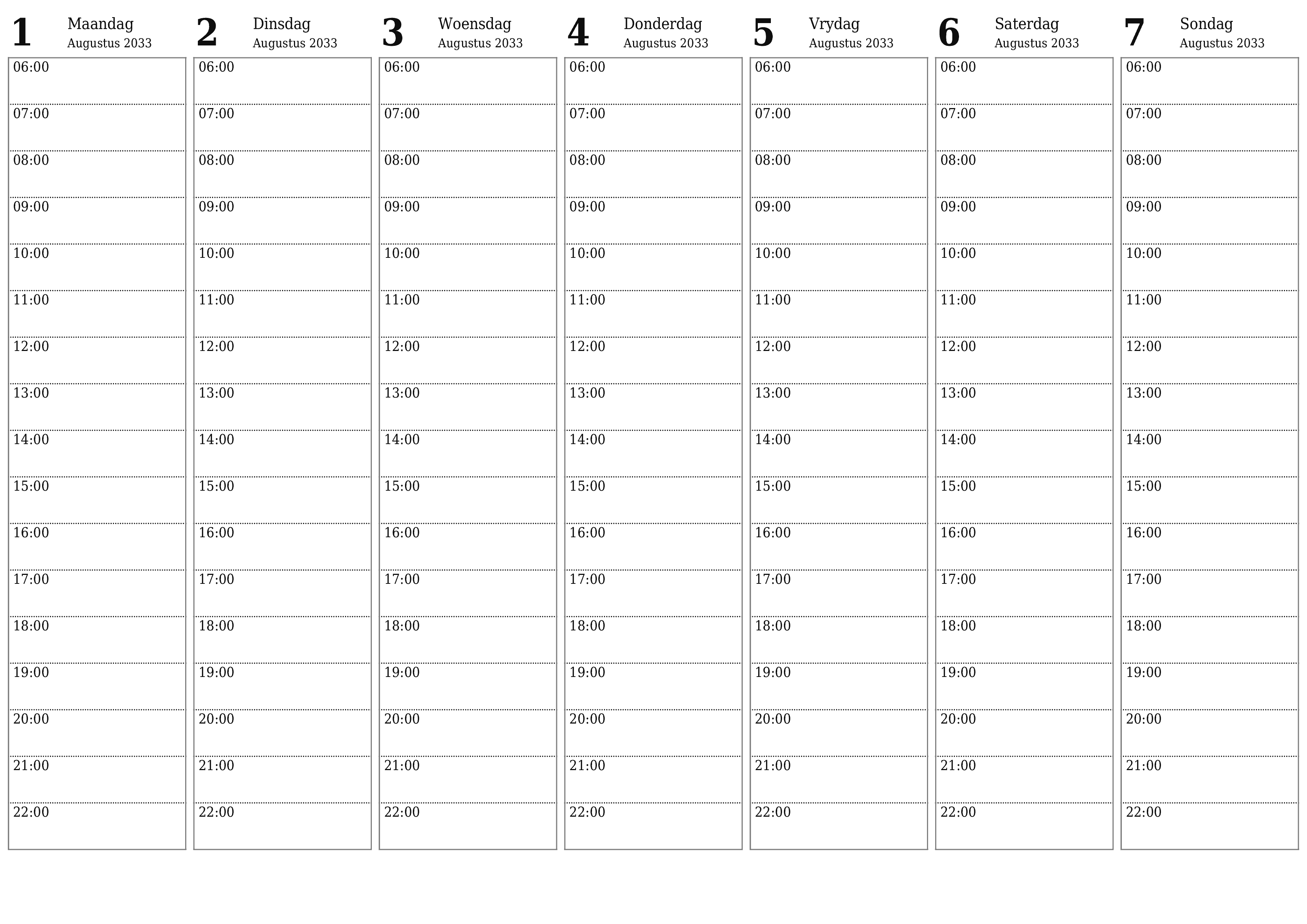 Leë weeklikse drukbare kalender en beplanner vir week Augustus 2033 met notas, stoor en druk na PDF PNG Afrikaans