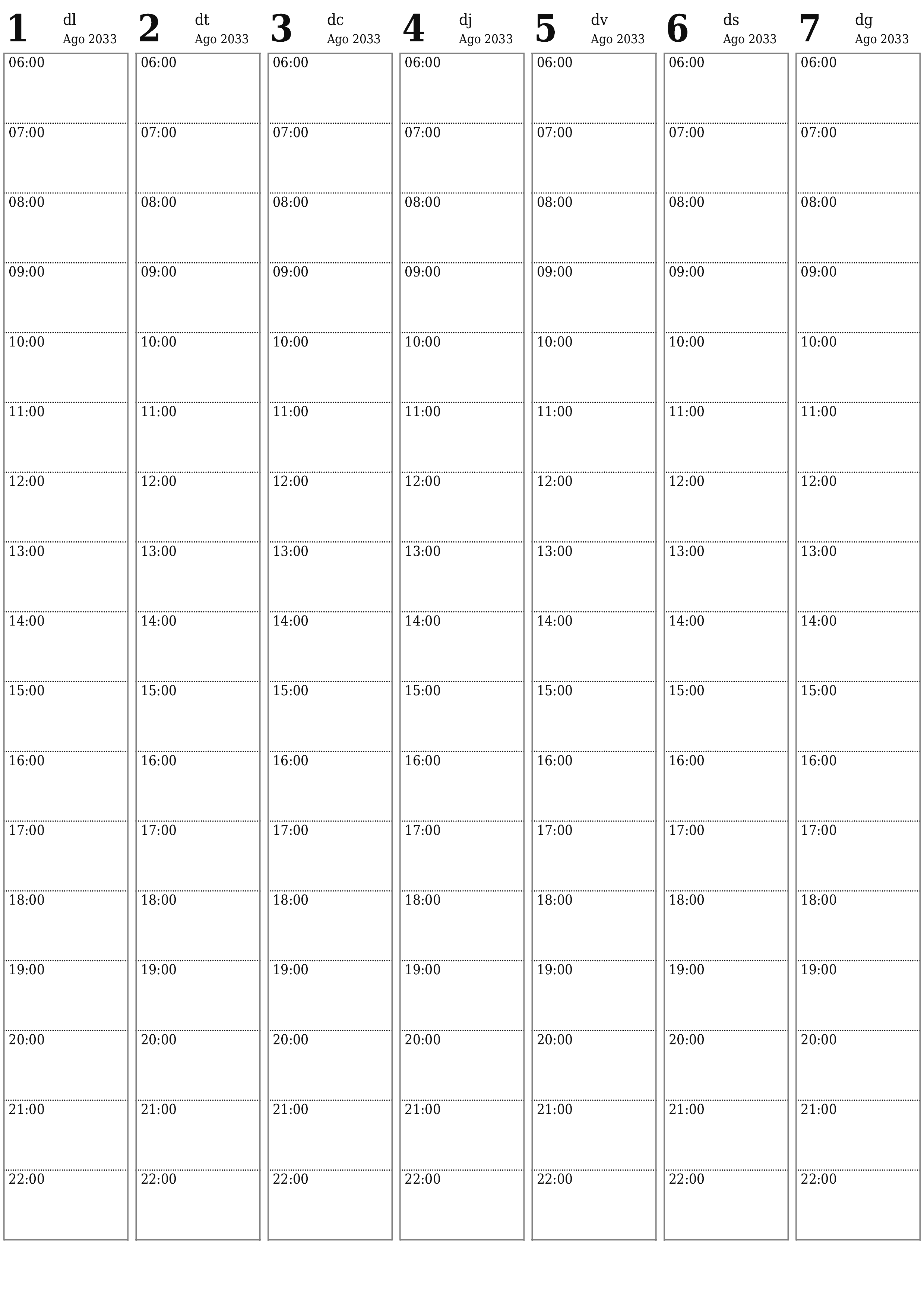 Planificador setmanal buit durant setmanes Agost 2033 amb notes, deseu-lo i imprimiu-lo en format PDF PNG Catalan
