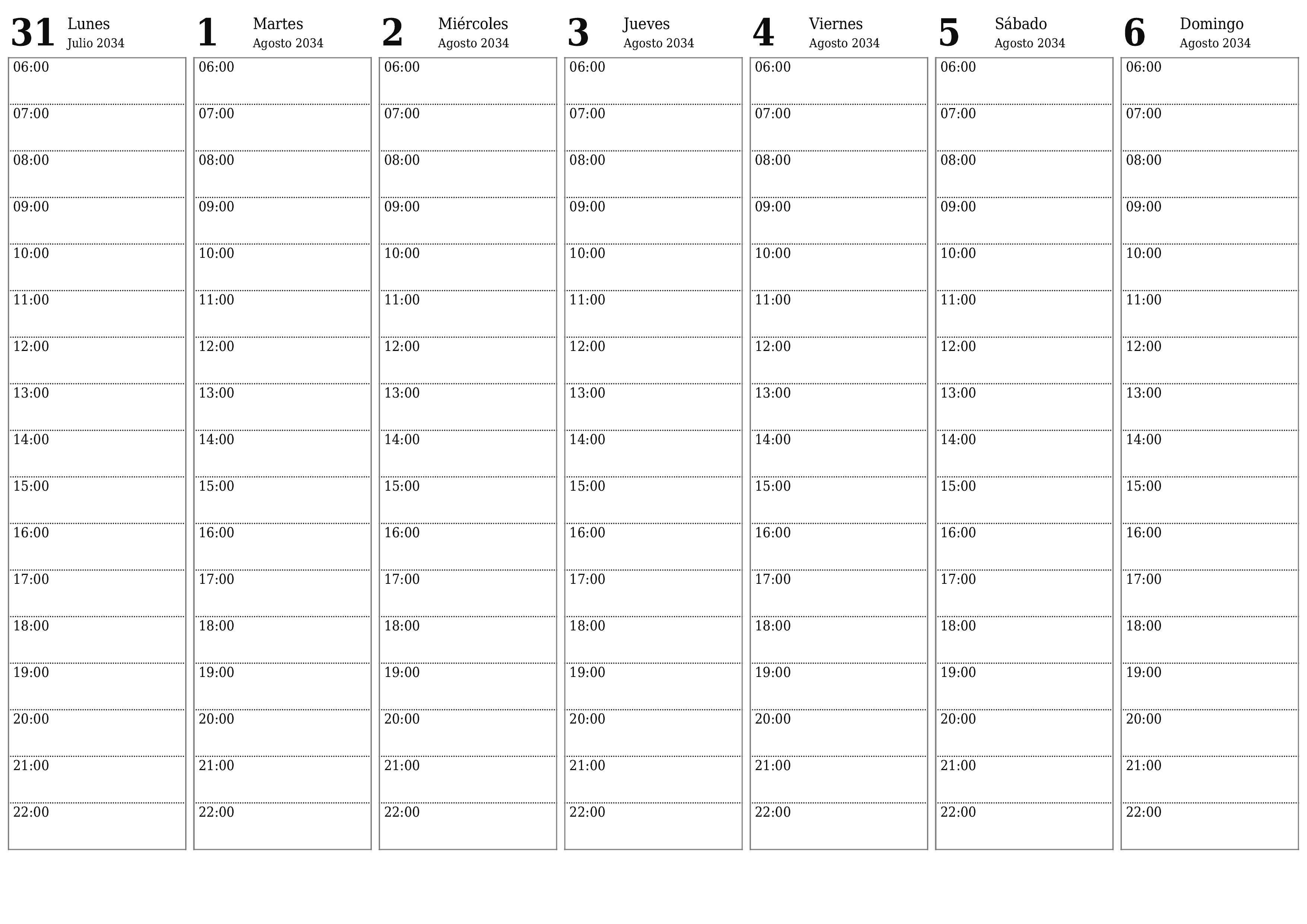 Planificador semanal vacío para semanas Agosto 2034 con notas, guardar e imprimir en PDF PNG Spanish