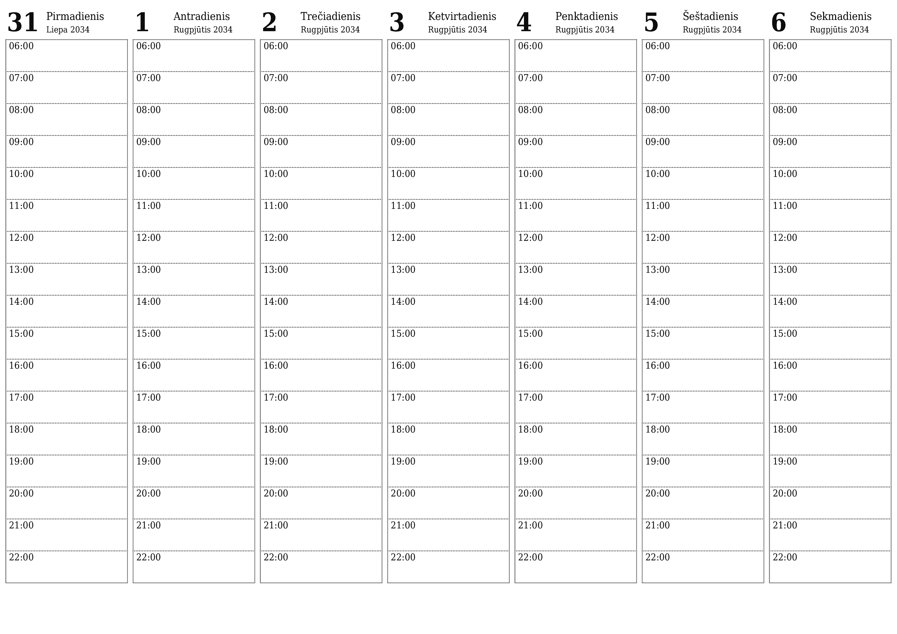 Ištuštinti savaitės planavimo priemonę savaitėms Rugpjūtis 2034 su užrašais, išsaugoti ir atsispausdinti PDF formate PNG Lithuanian