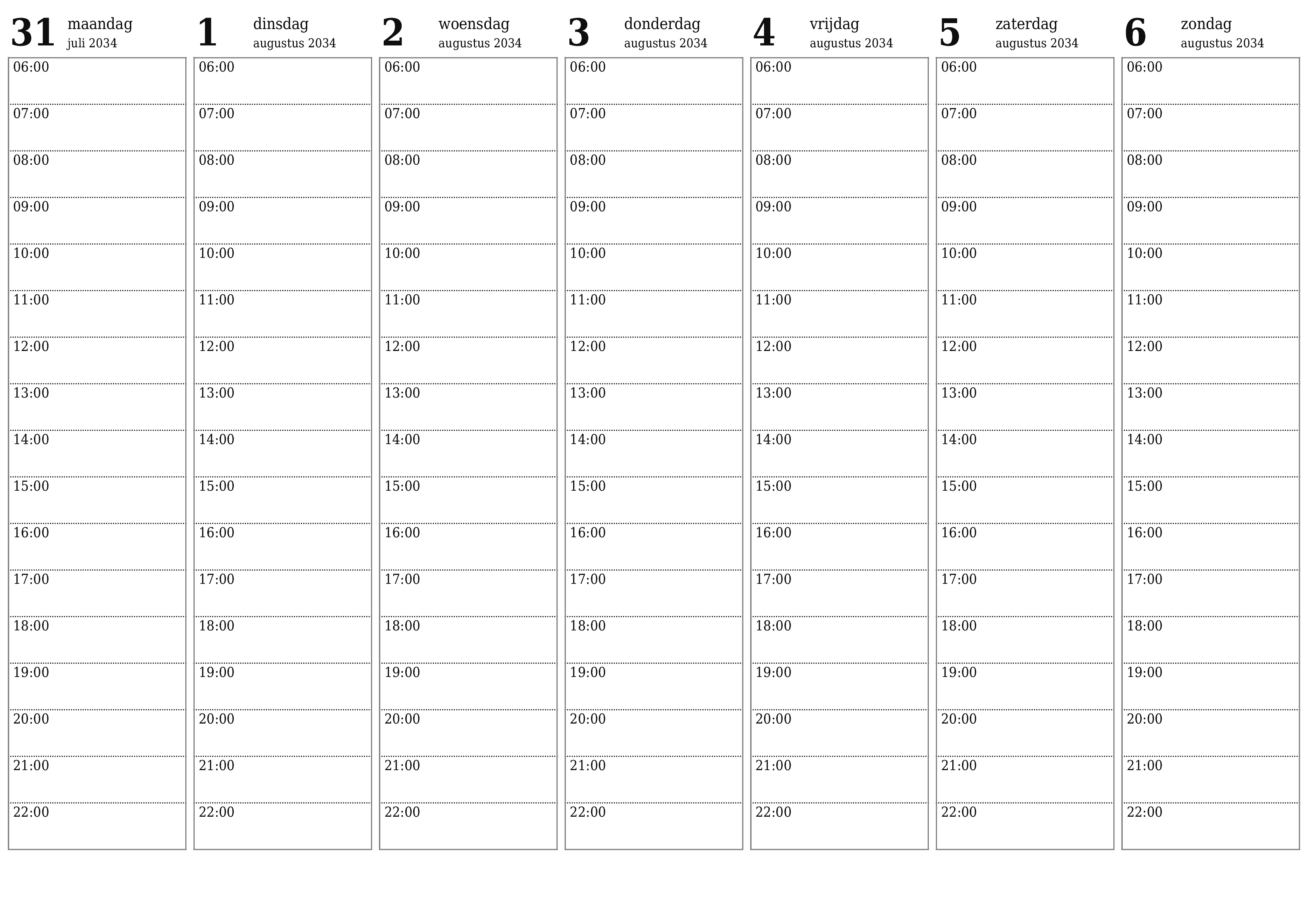 Lege weekplanner voor weken augustus 2034 met notities, opslaan en afdrukken naar pdf PNG Dutch