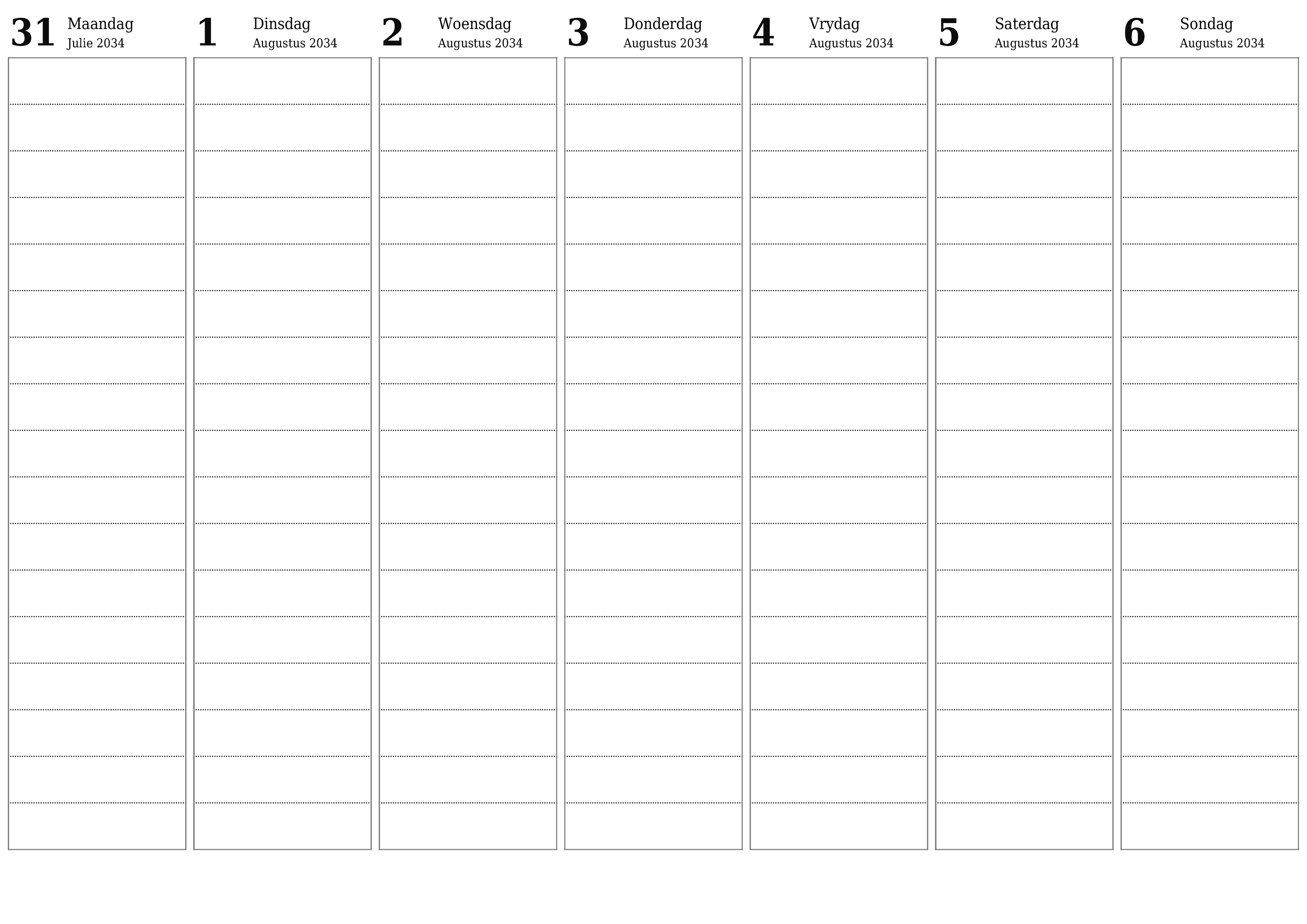 drukbare muur template gratis horisontaal Weekliks beplanner kalender Augustus (Aug) 2034