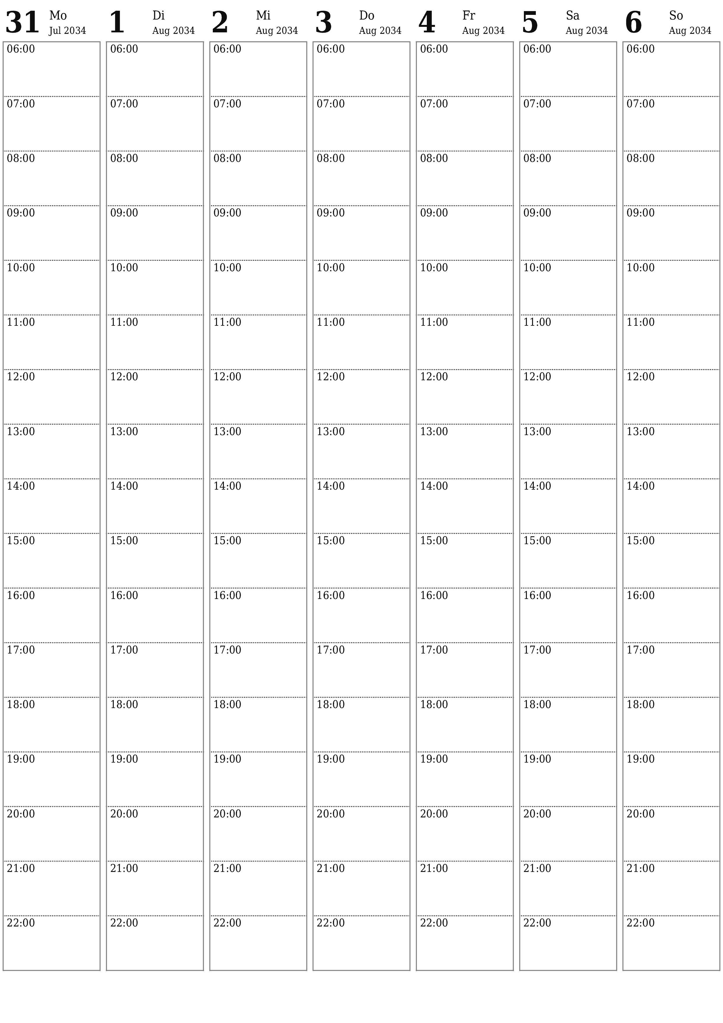 Wochenplaner für Wochen August 2034 mit Notizen leeren, speichern und als PDF drucken PNG German