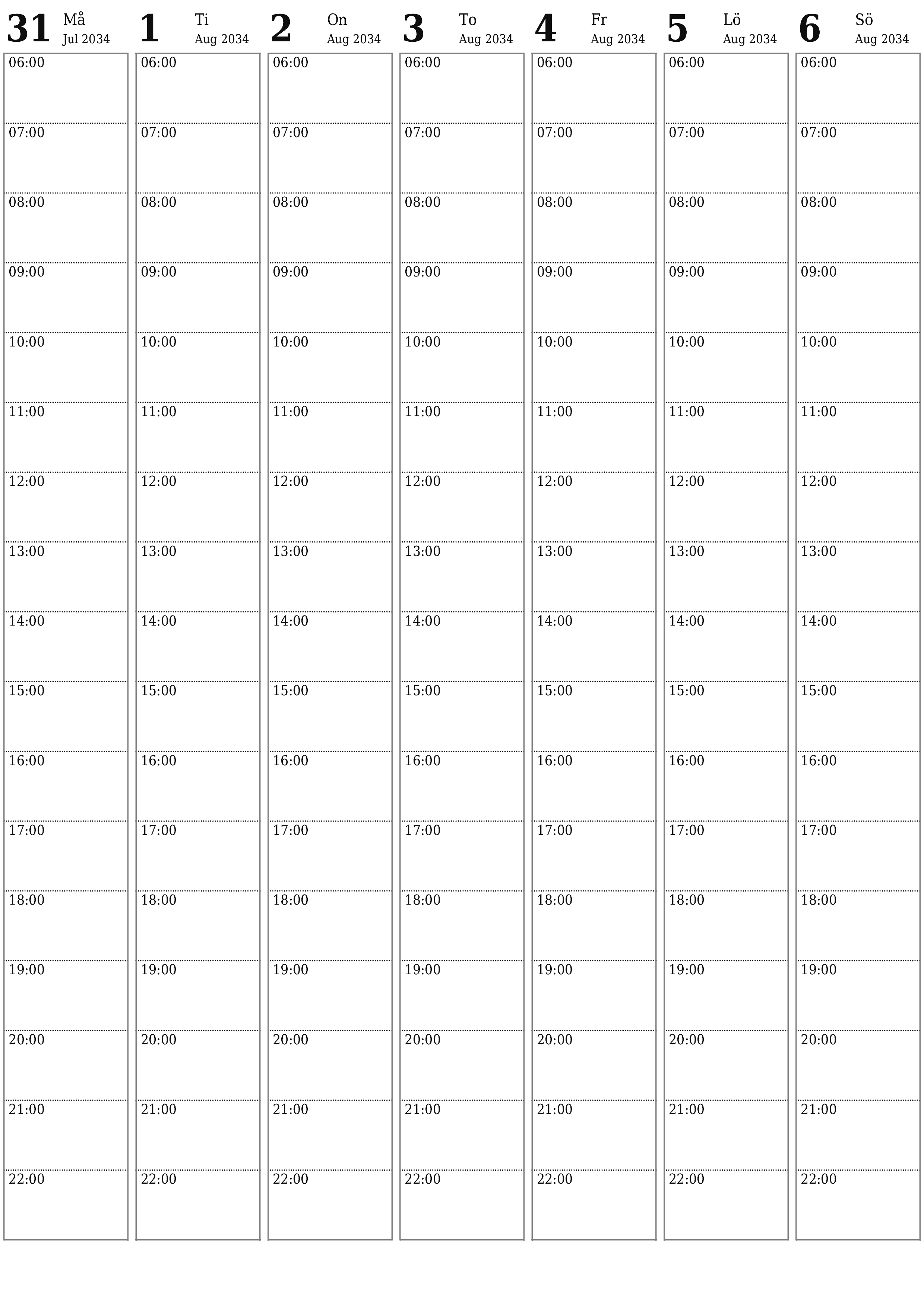 Töm veckoplaneraren i veckor Augusti 2034 med anteckningar, spara och skriv ut till PDF PNG Swedish