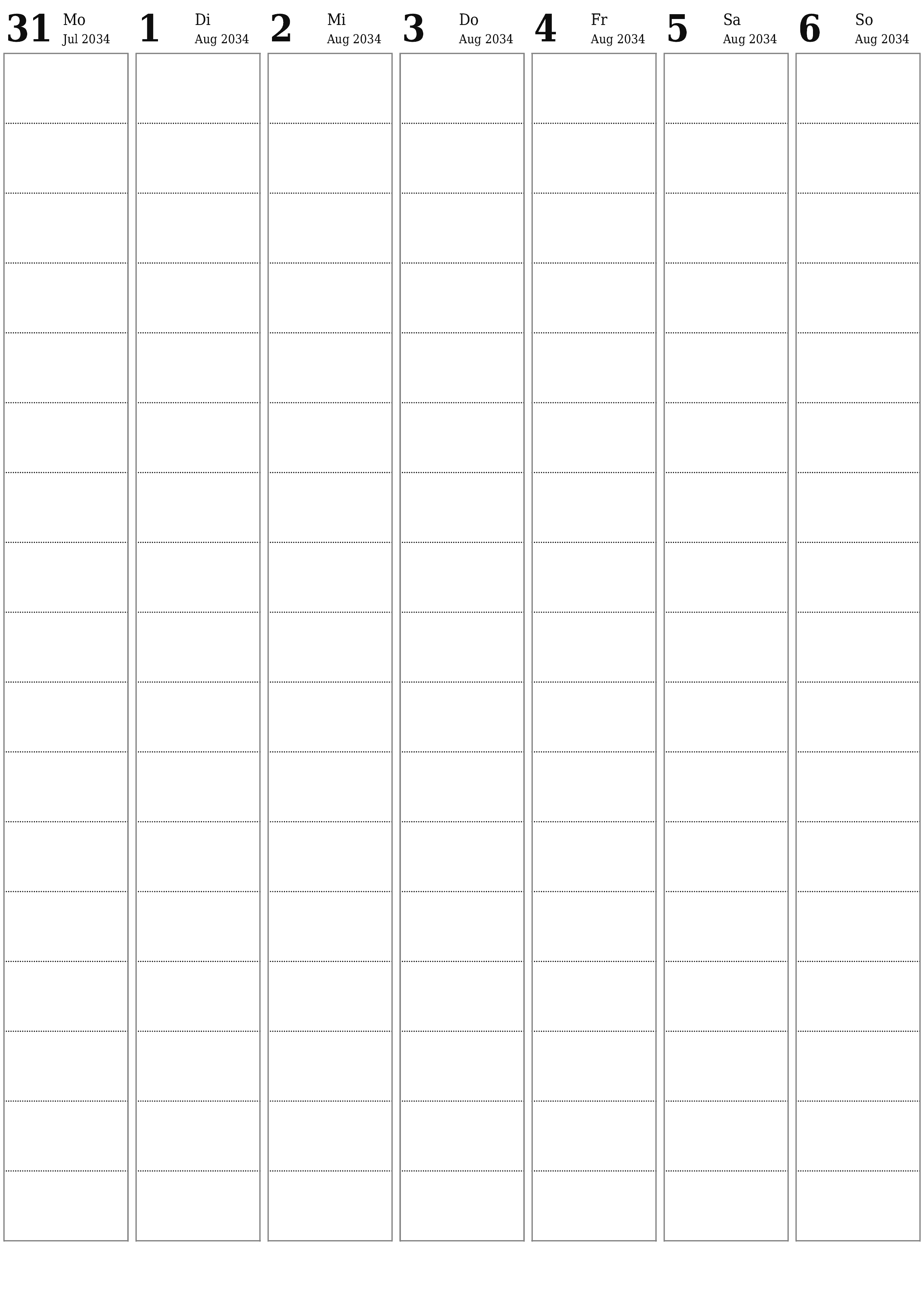  zum Ausdrucken Wandkalender vorlage kostenloser vertikal Wöchentlich Planer Kalender August (Aug) 2034