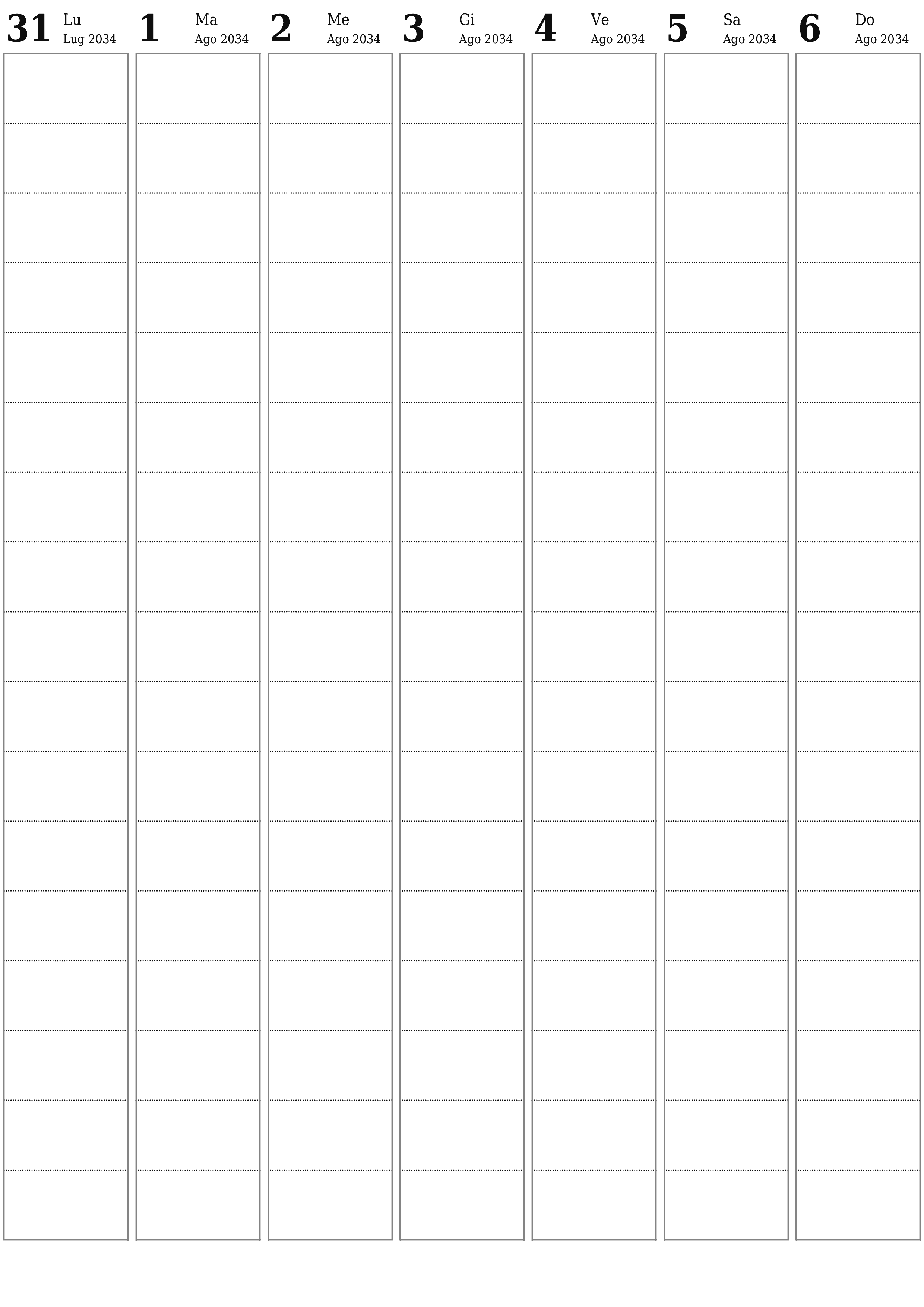  stampabile da parete modello di gratuitoverticale Settimanale pianificatore calendario Agosto (Ago) 2034