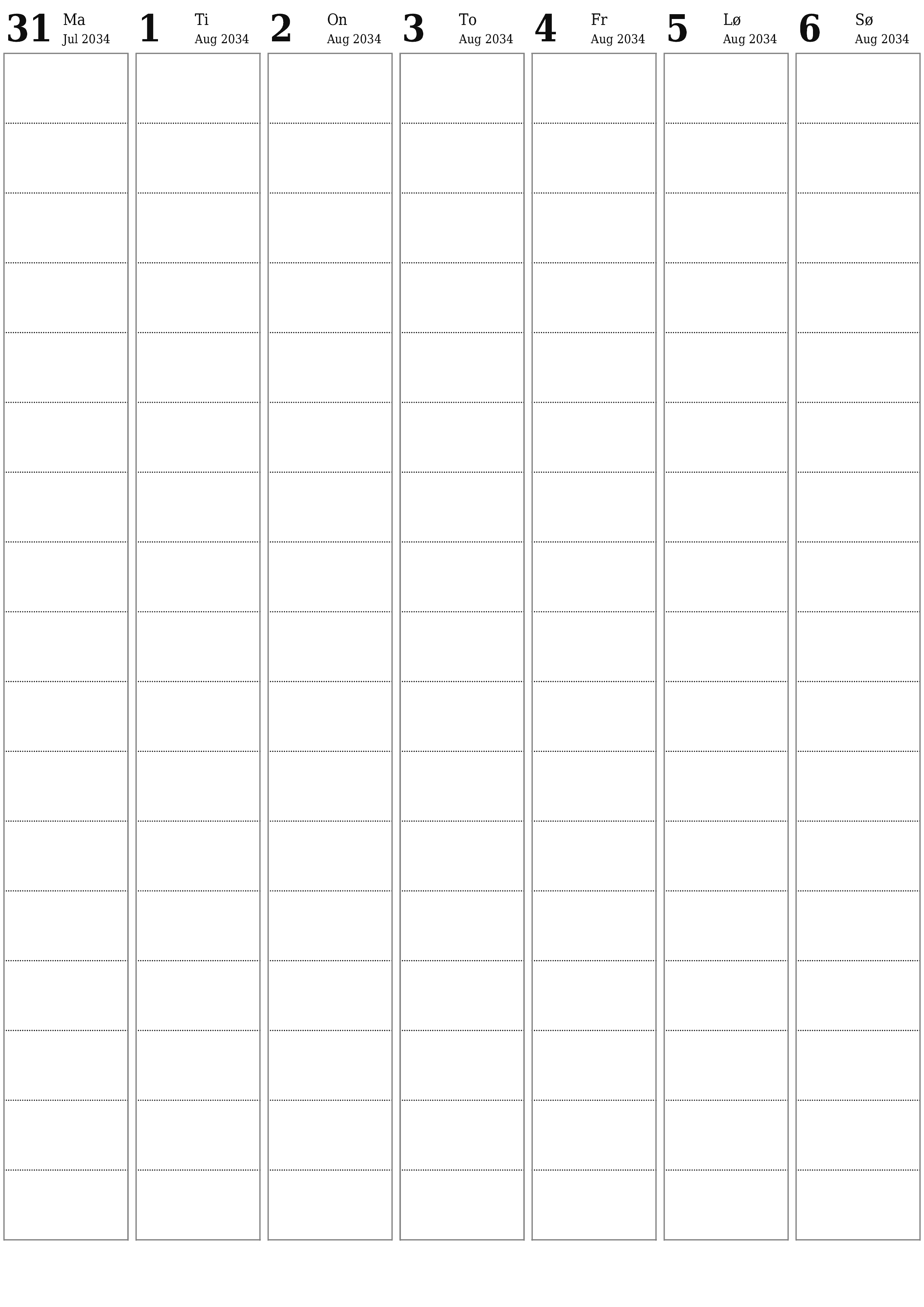 utskrivbar vegg mal gratis vertikal Ukentlig planlegger kalender August (Aug) 2034