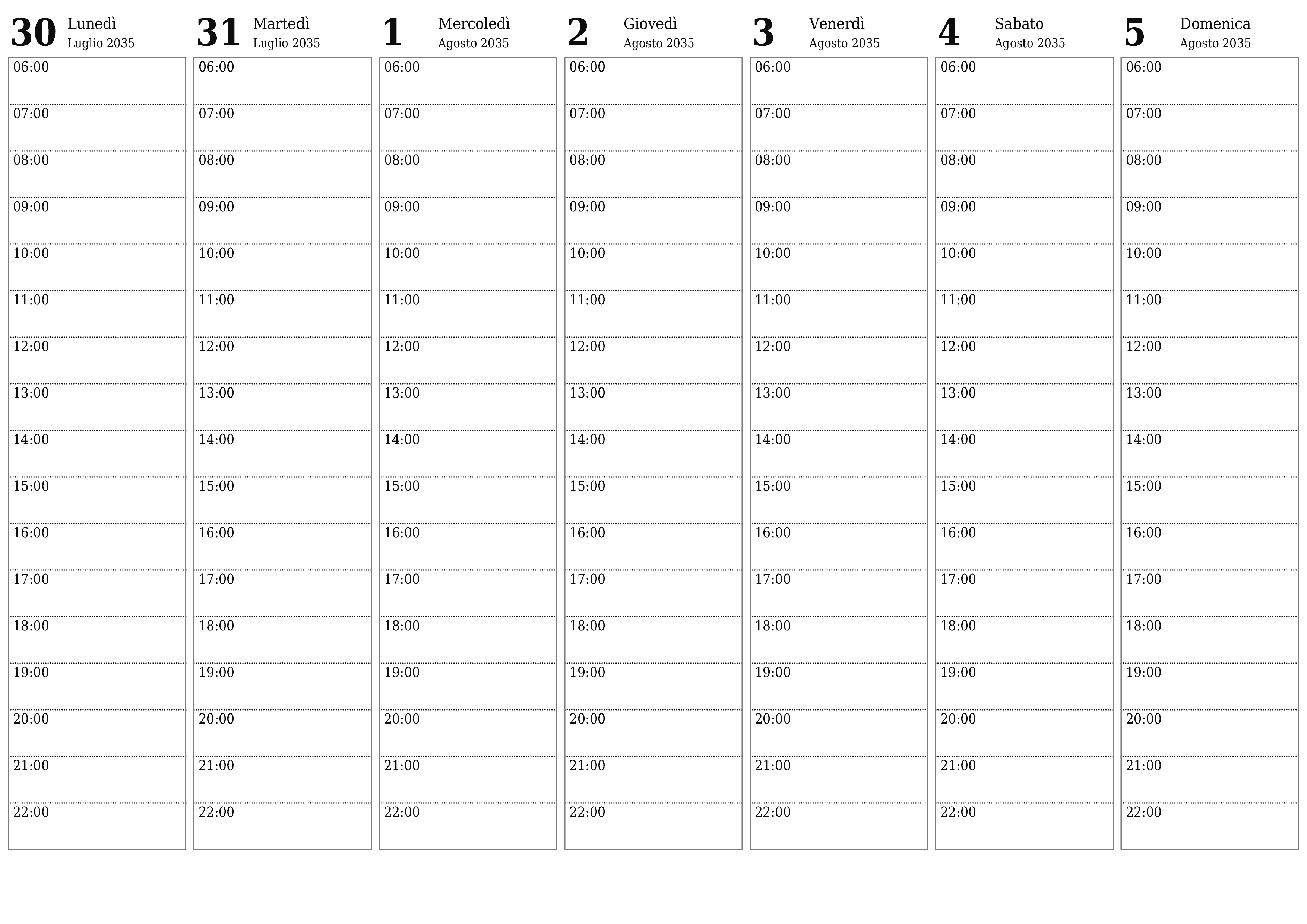 Agenda settimanale vuota per settimane Agosto 2035 con note, salva e stampa in PDF PNG Italian