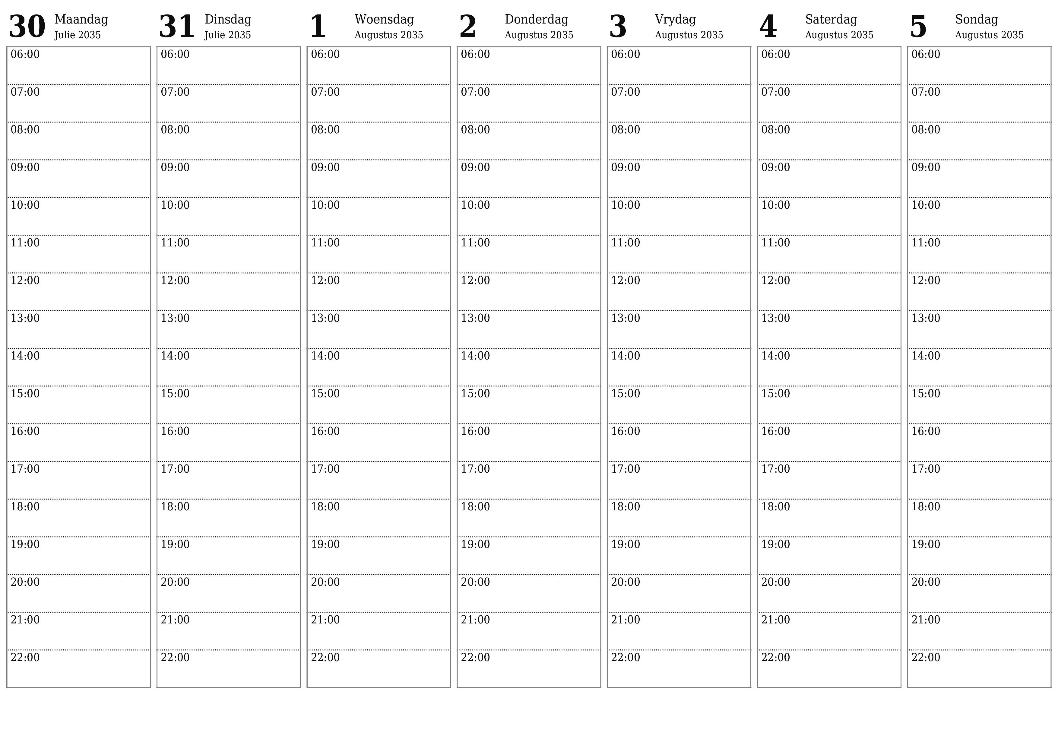 Leë weeklikse drukbare kalender en beplanner vir week Augustus 2035 met notas, stoor en druk na PDF PNG Afrikaans