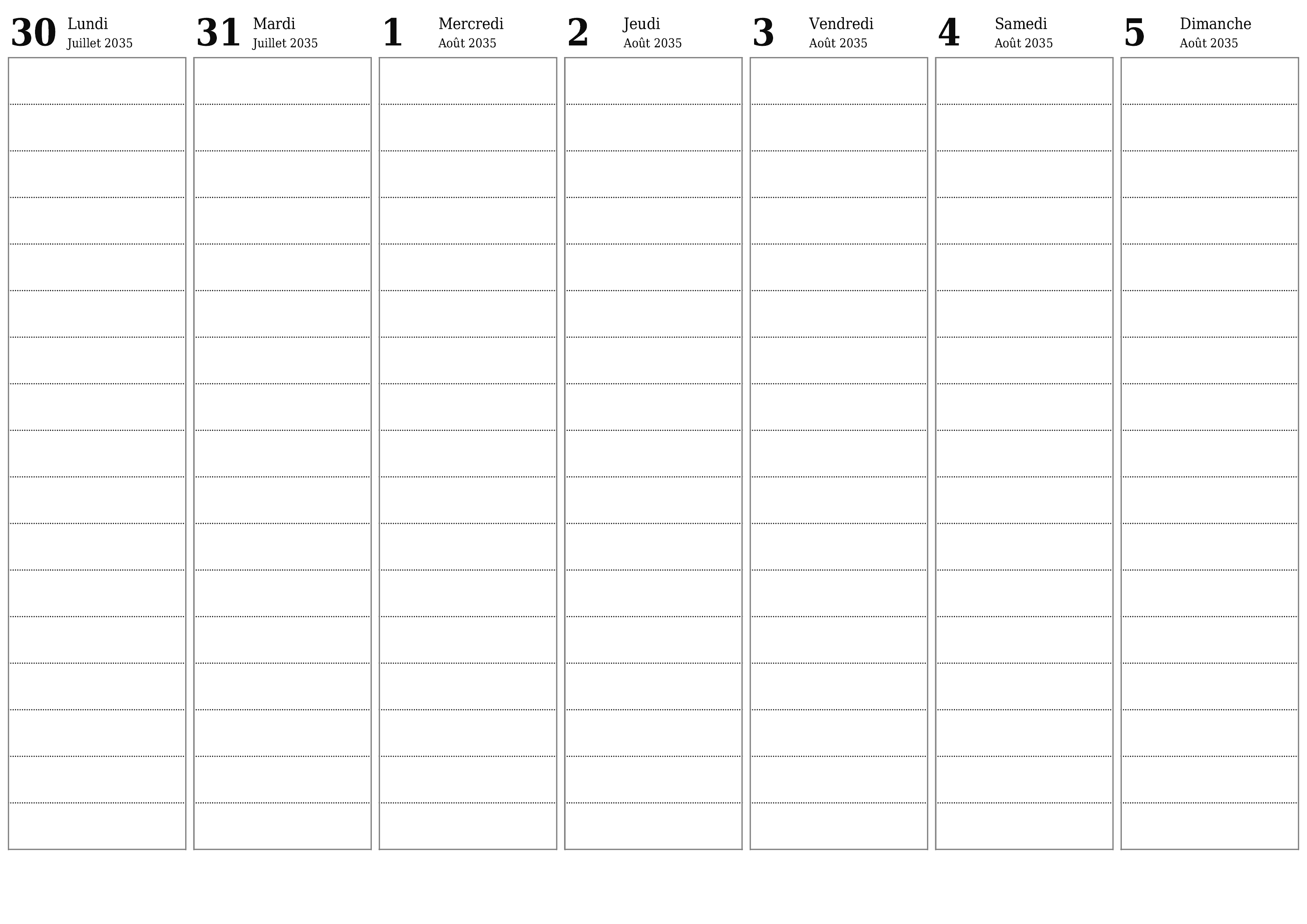 Agenda hebdomadaire vide pendant des semaines Août 2035 avec notes, enregistrez et imprimez au format PDF PNG French