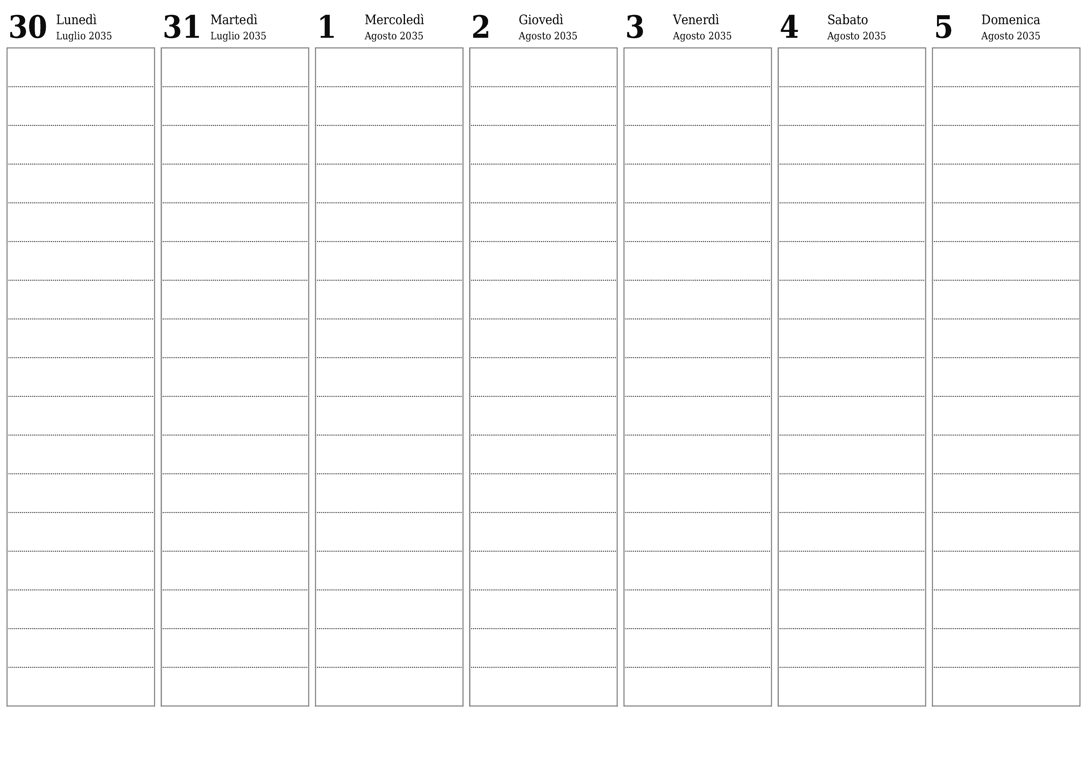  stampabile da parete modello di gratuitoorizzontale Settimanale pianificatore calendario Agosto (Ago) 2035